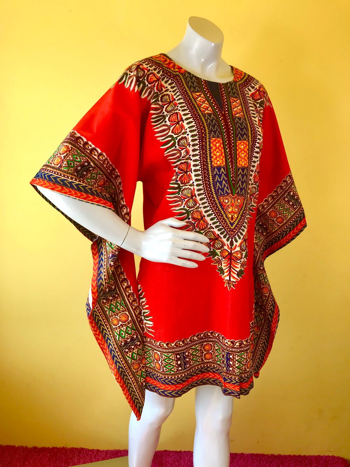 70s Red + Earth Tone Wizard Sleeve Mini Caftan. Sold exclusively at Empress Vintage in Berkeley, CA.