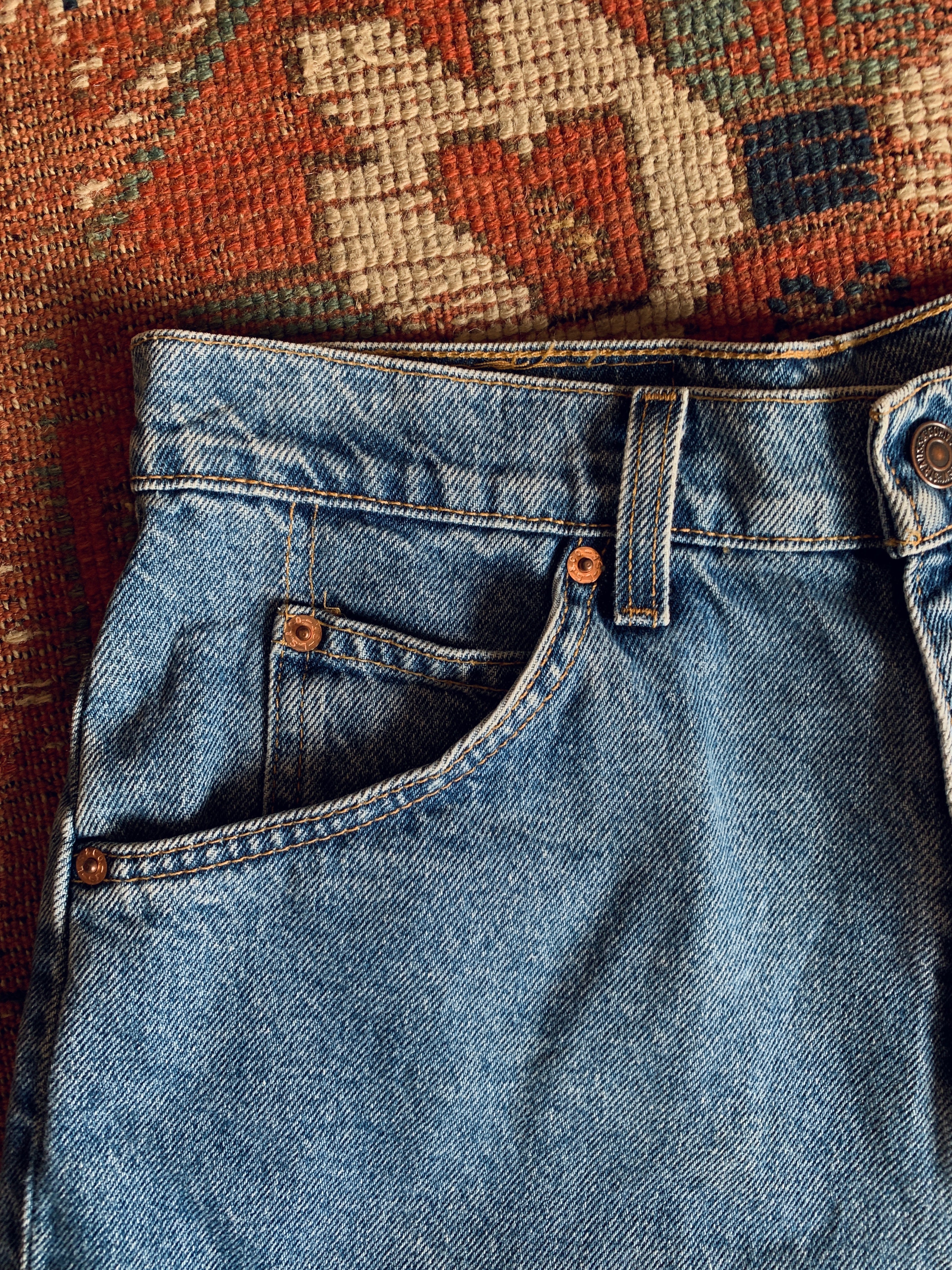 Orange Tab Levi's High Waisted Denim Shorts — vintage 1990s Levi's bottoms in orange, blue