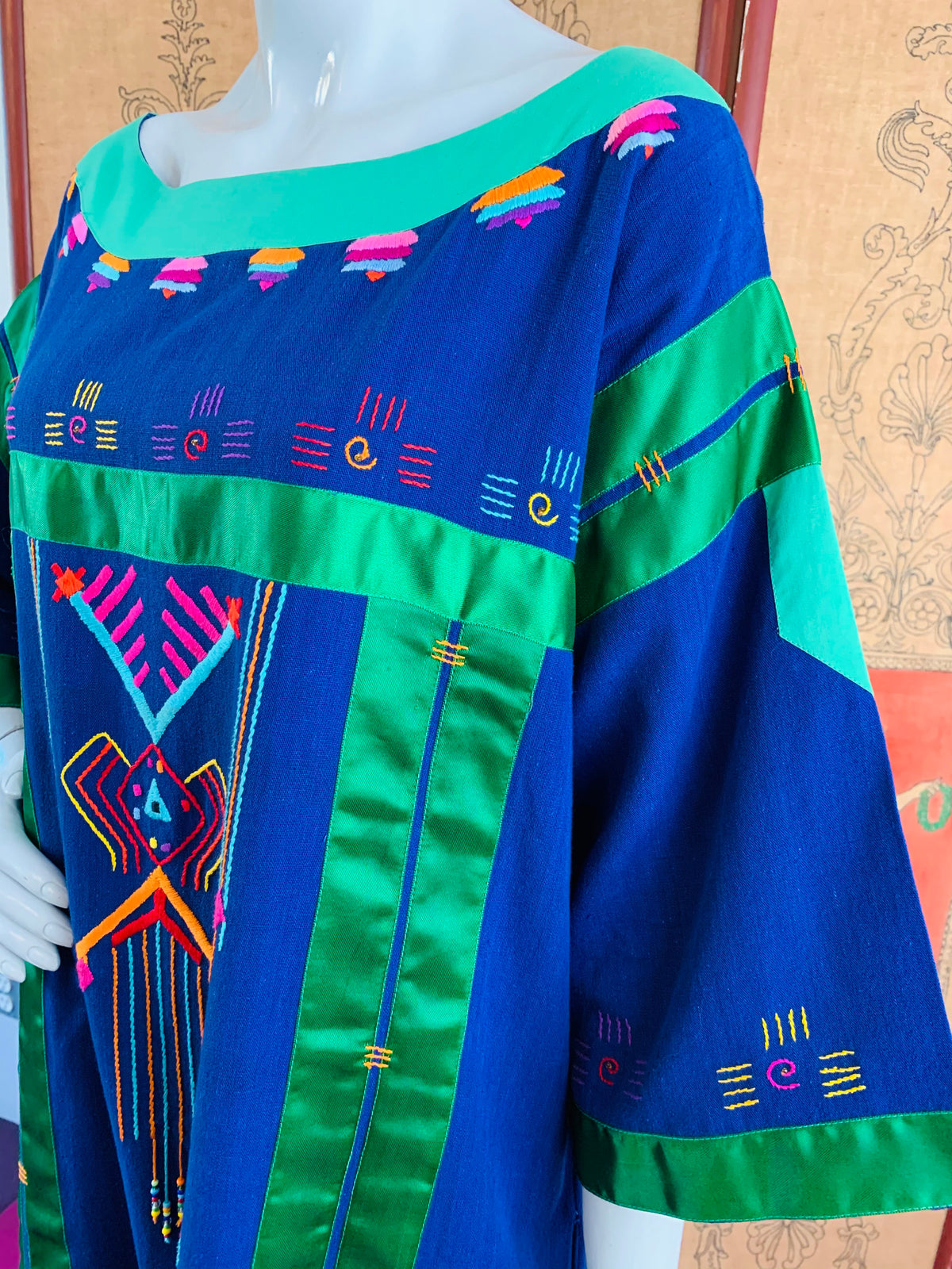 Irene Pulos Hand Embroidered Beaded Art to Wear Maxi Dress — vintage Irene Pulos dress in blue, multicolour