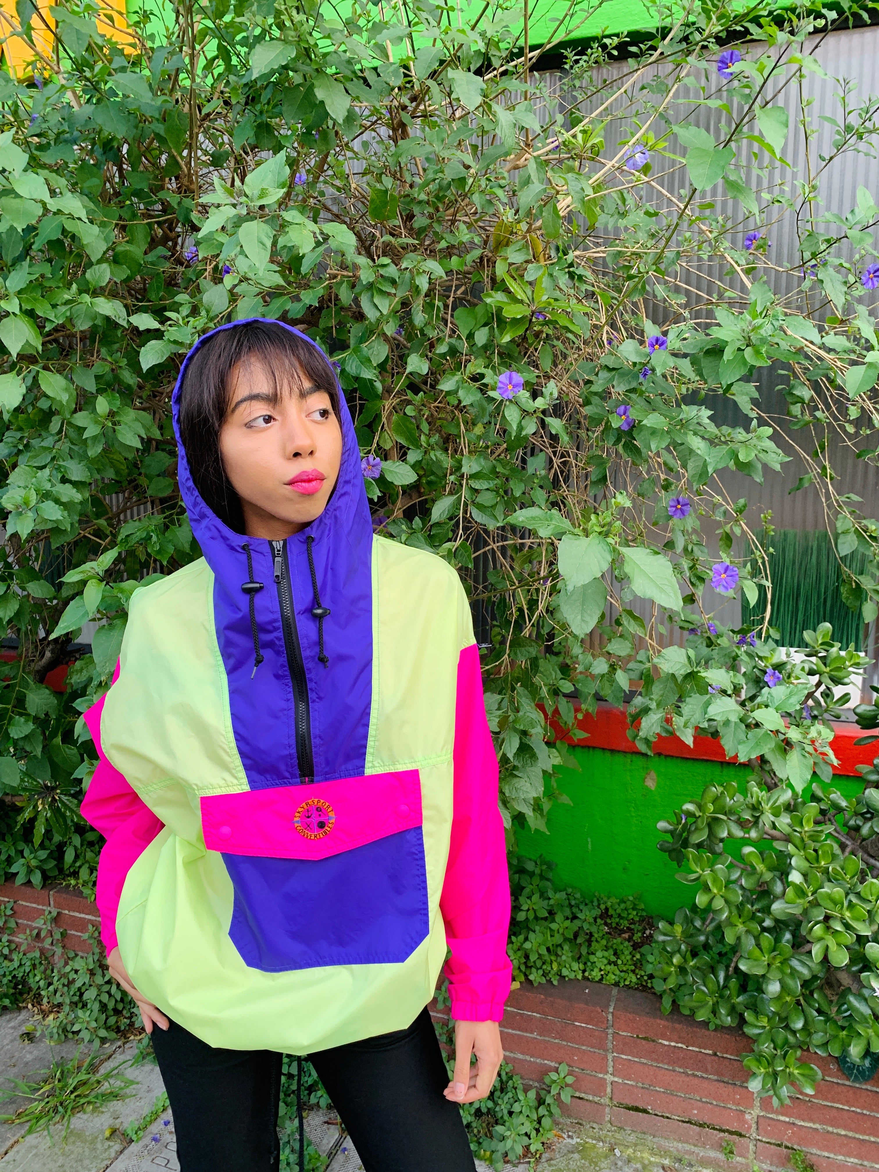 Colorblock Neon 90s Pullover Hooded Windbreaker — vintage 1990s knit in pink, green, purple