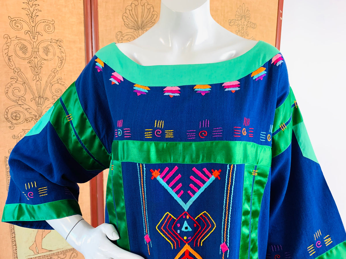 Irene Pulos Hand Embroidered Beaded Art to Wear Maxi Dress — vintage Irene Pulos dress in blue, multicolour