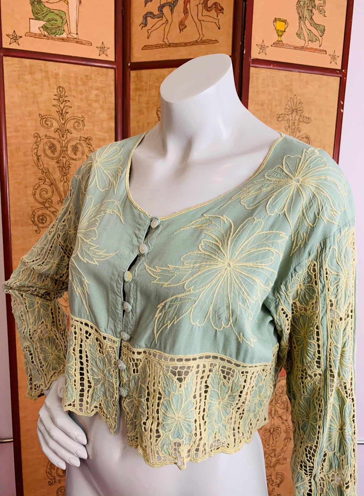 Bali Cut Out Sage Green Crop Top — vintage top in green