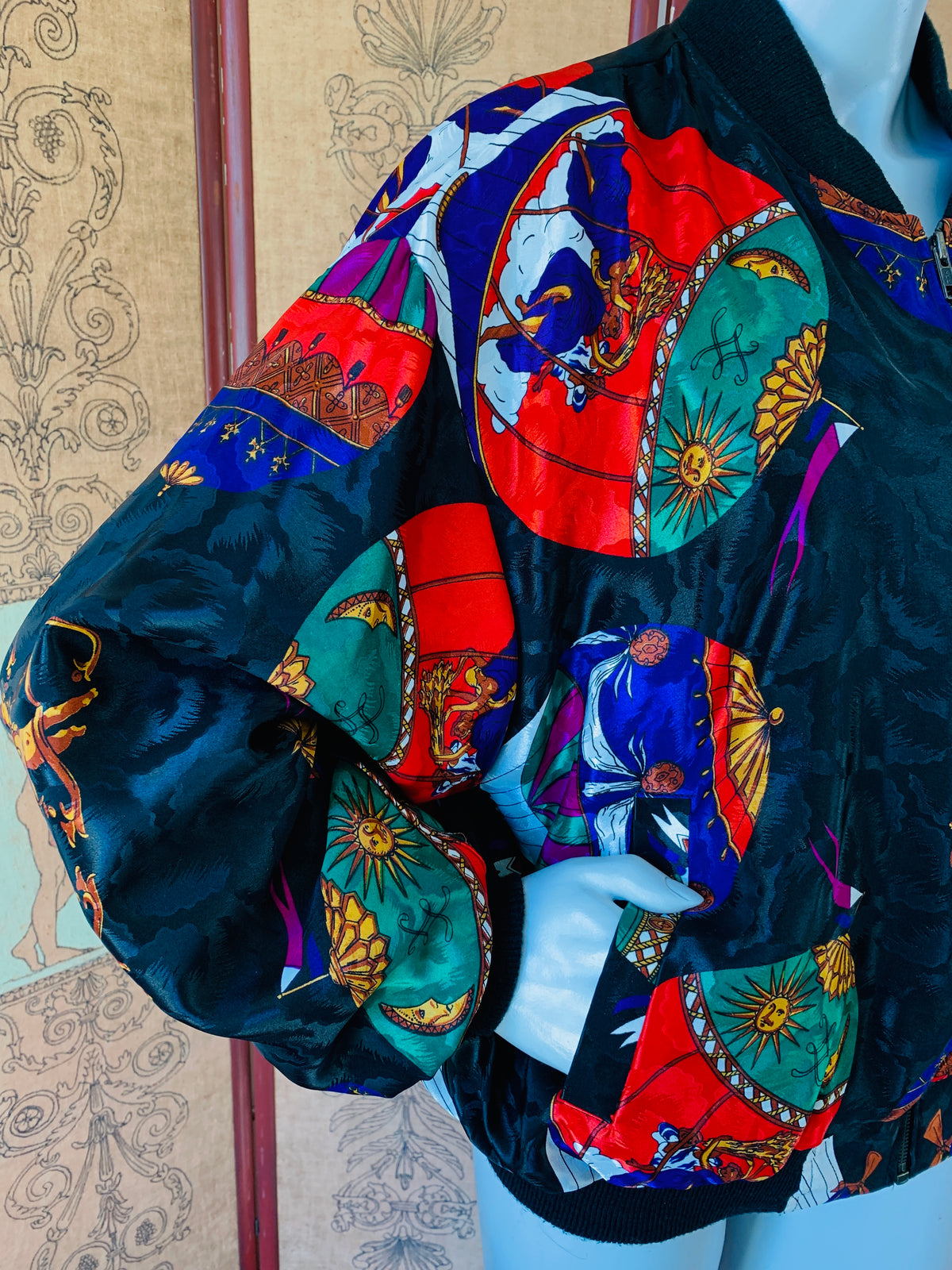 Hot Air Balloon Cherub Print 80s Jacket — vintage 1980s jacket in black, multicolour