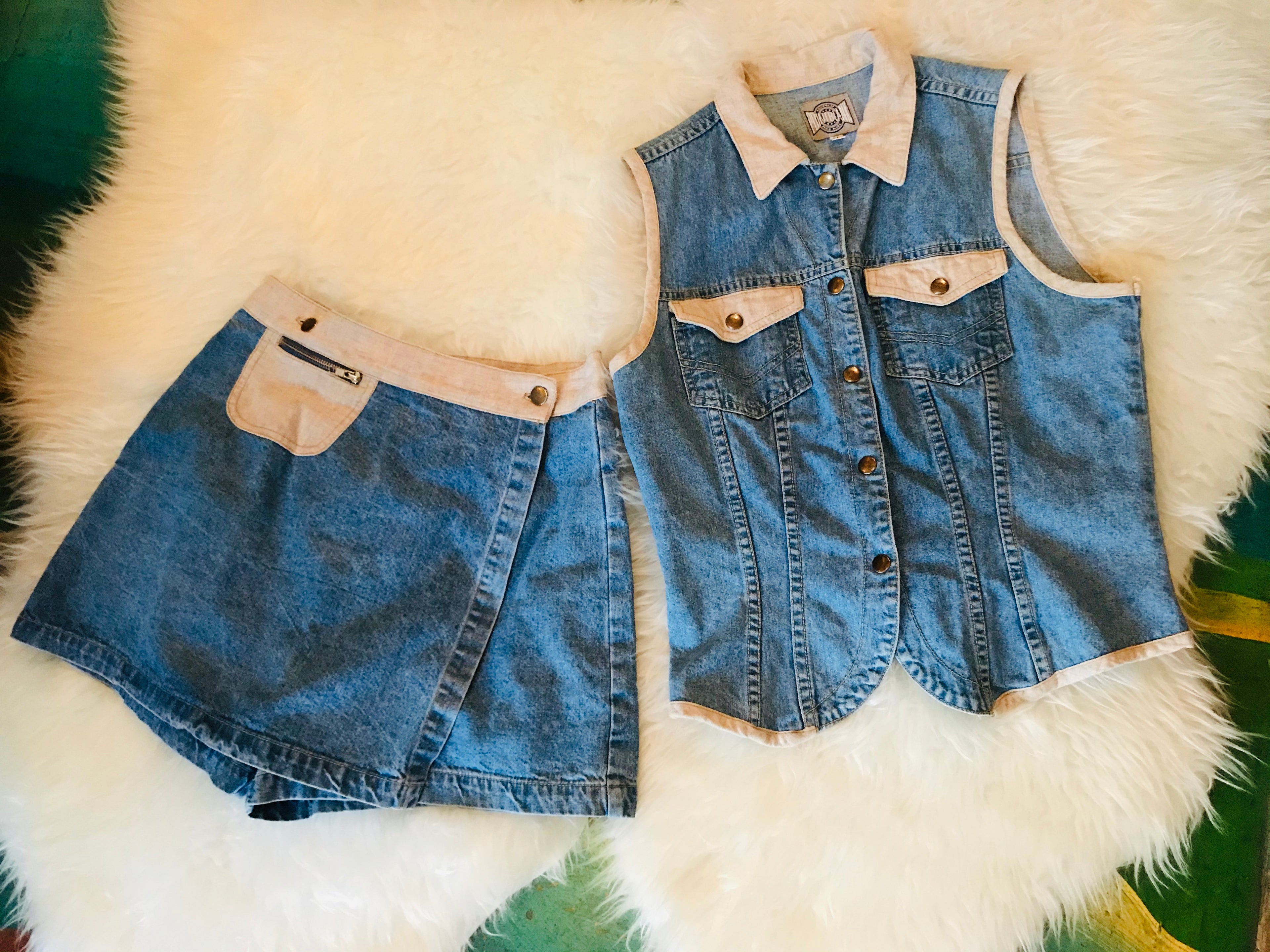 Two Piece Denim Set Skort & Snap Up Top — vintage 1990s top in blue