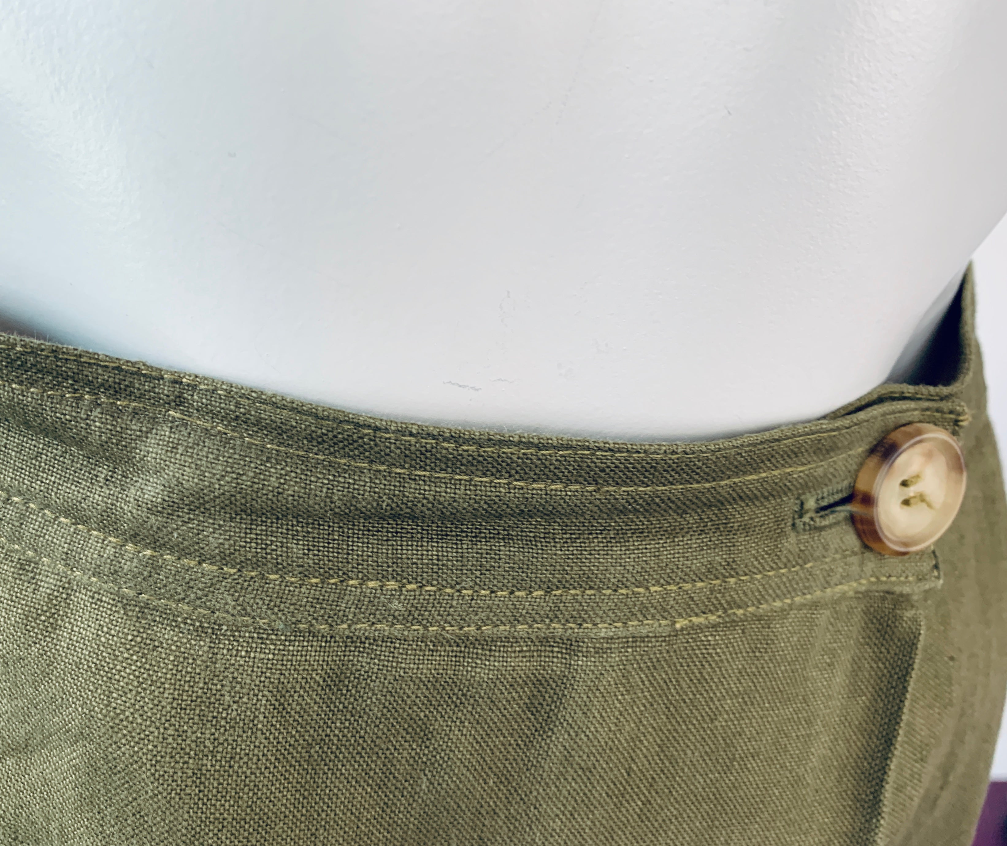 Yves Saint Laurent Rive Gauche Olive Linen Skirt with Pockets — vintage 1990s Yves Saint Laurent bottoms in green
