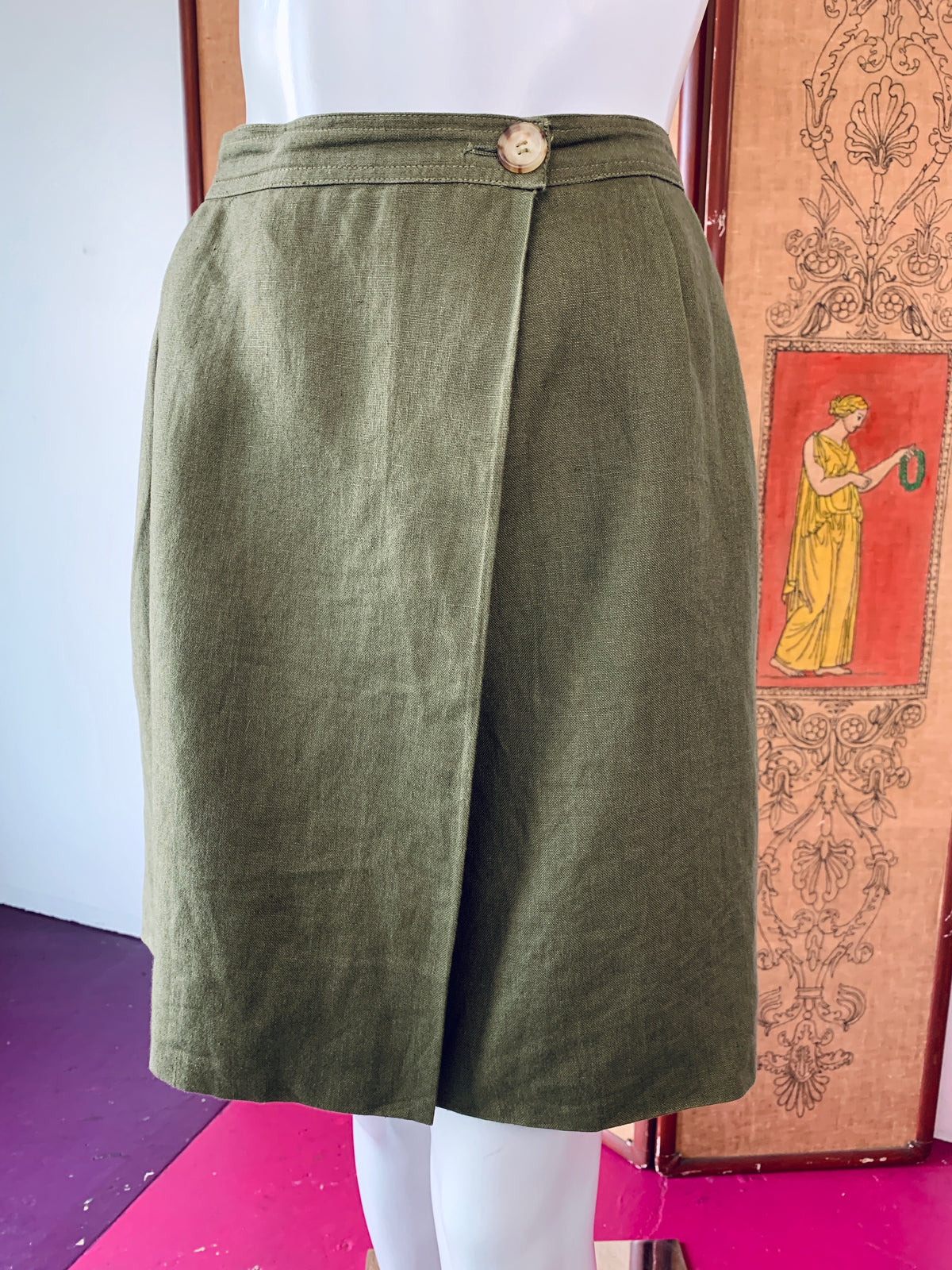 Yves Saint Laurent Rive Gauche Olive Linen Skirt with Pockets — vintage 1990s Yves Saint Laurent bottoms in green