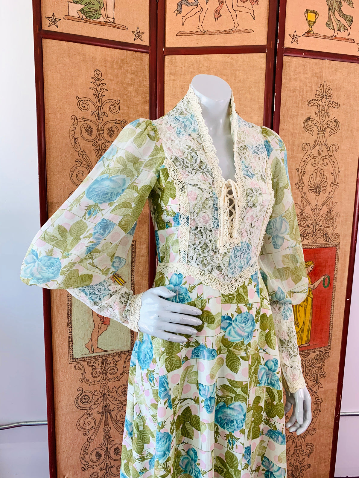 Pastel Rose Print Poet Sleeve 70s Lace Detailed Renaissance Maxi Dress — vintage 1970s dress in pink