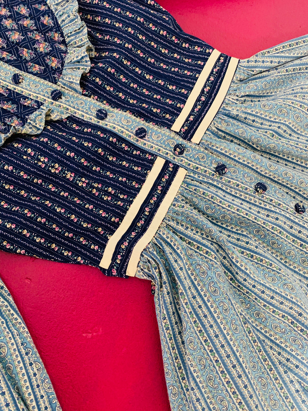 Blue Floral 1970s xs Handmade Pintuck Prairie Dress — vintage 1970s dress in blue