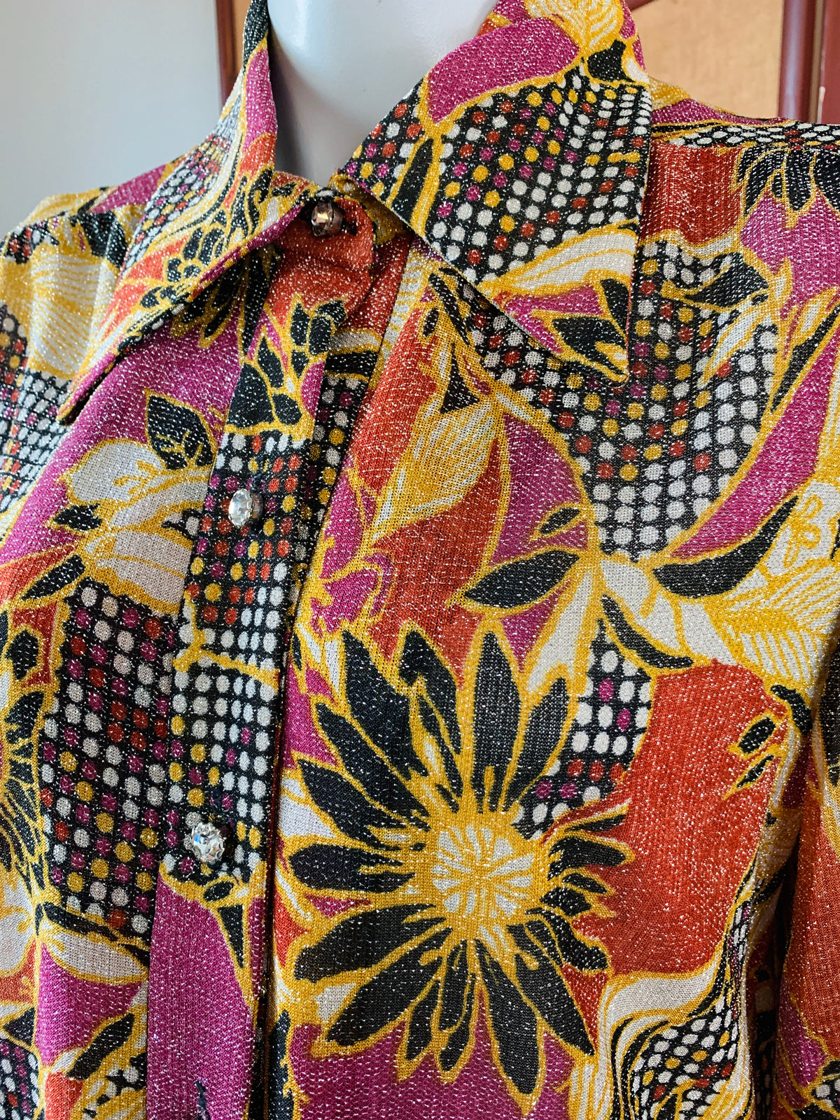 1970s Metallic Disco Maxi Dress Duster with Rhinestone Buttons — vintage 1970s dress in multicolour