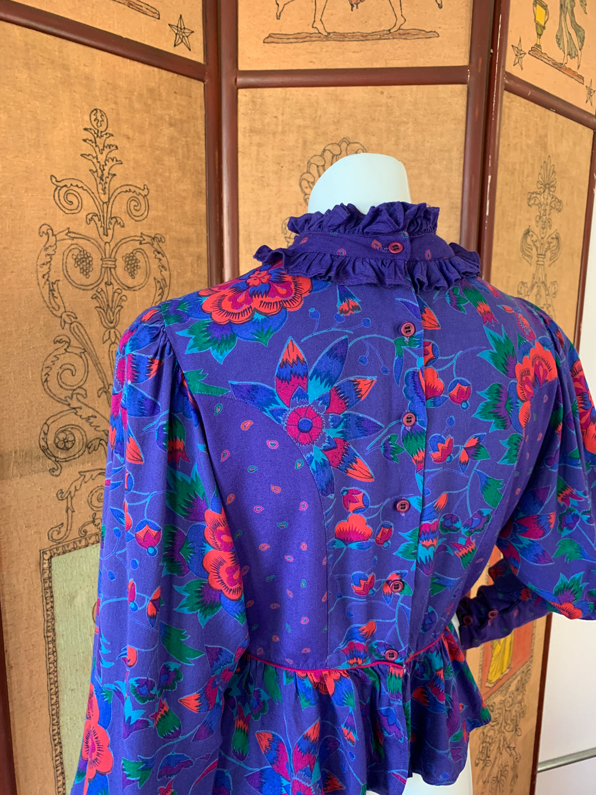 Purple Floral Poet Sleeve Blouse Made in India — vintage 1980s MicheL top in purple