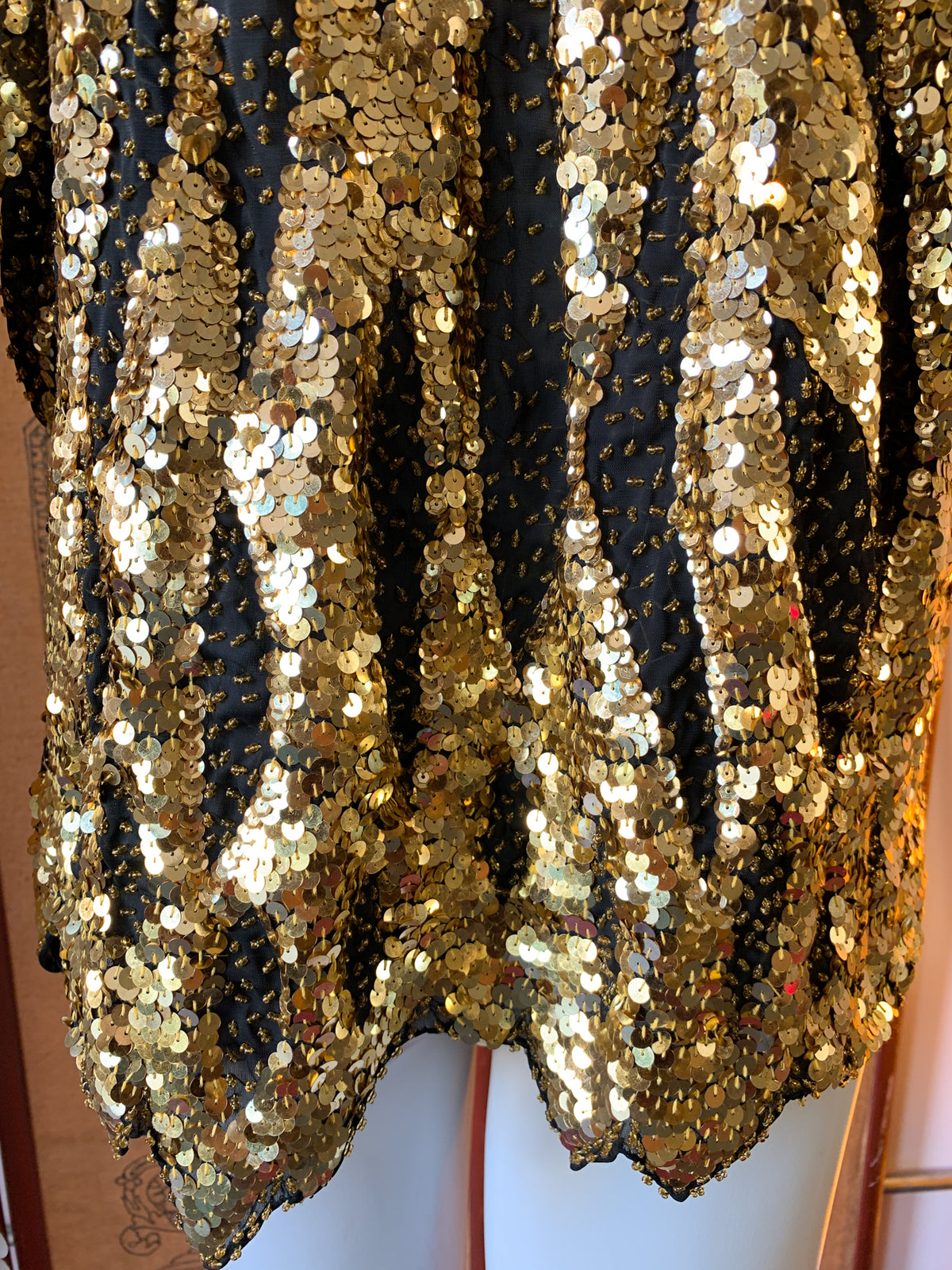 Gold Sequin & Beaded Semi Sheer Fairy Hem Top — vintage 1980s top in gold