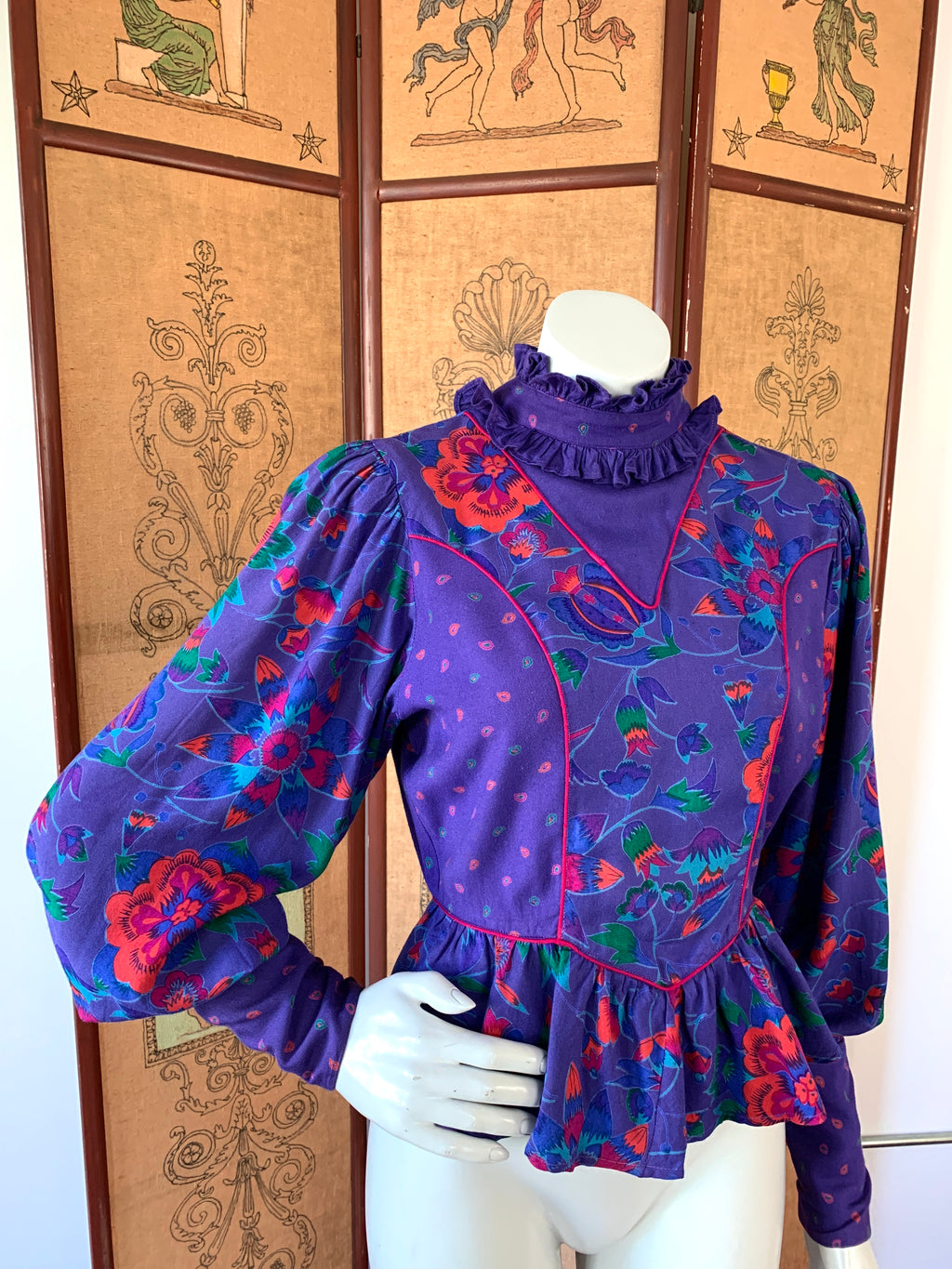 Purple Floral Poet Sleeve Blouse Made in India — vintage 1980s MicheL top in purple