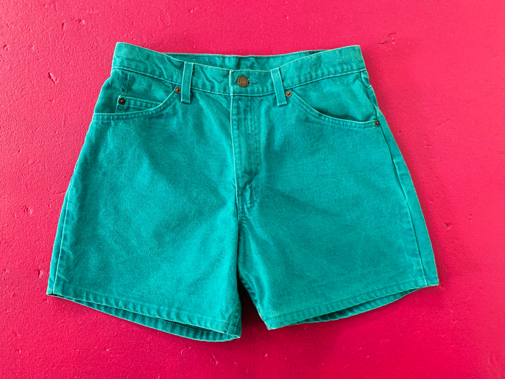 Seafoam Green Orange Tab Levi's Denim Shorts — vintage Levi's bottoms in green, blue