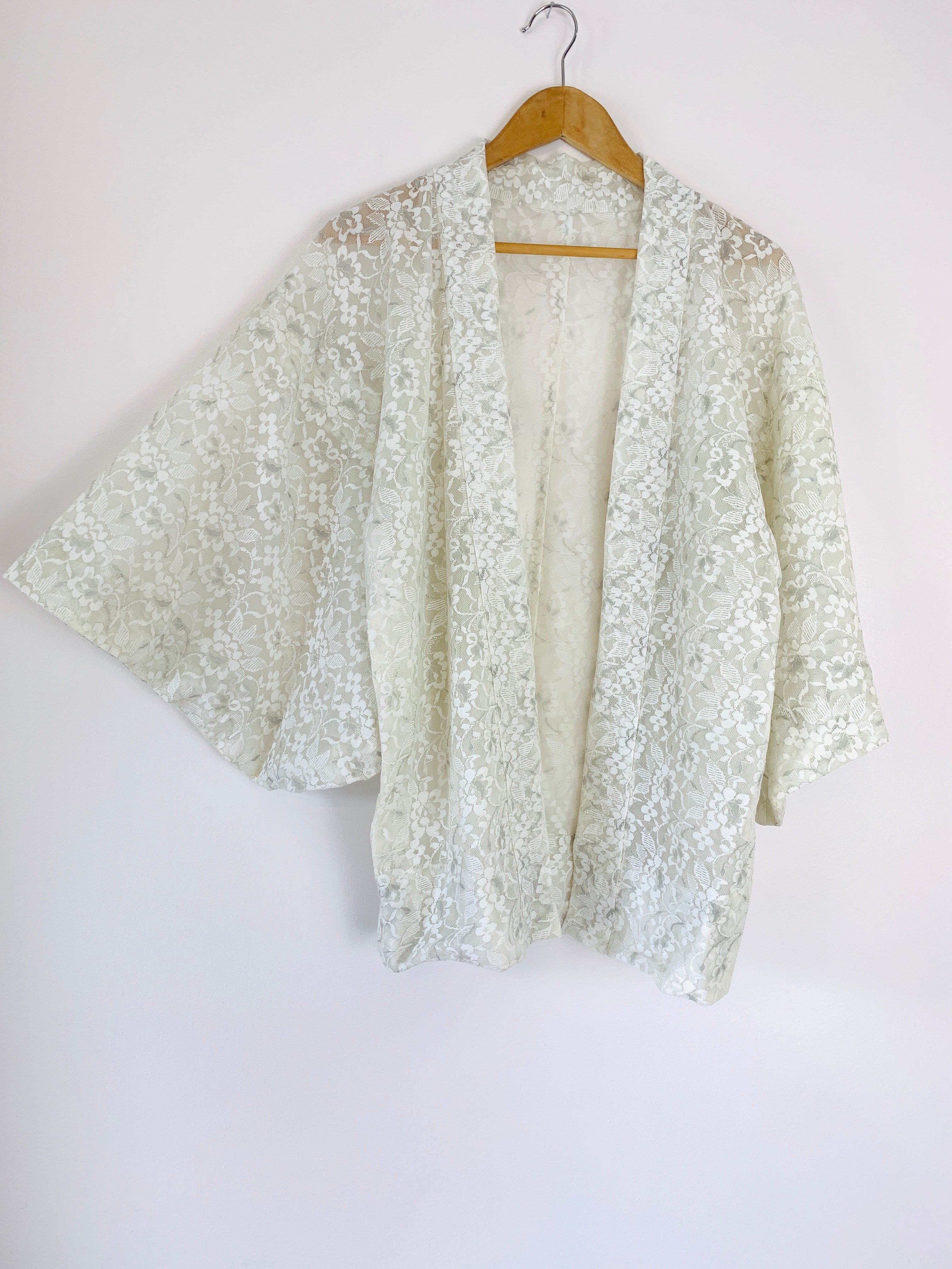 White Lace Metallic Silver Detail Summer Haori Kimono Jacket — vintage 1970s jacket in white, silver