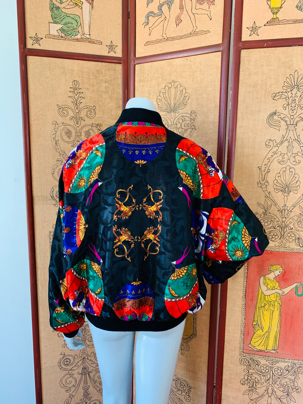 Hot Air Balloon Cherub Print 80s Jacket — vintage 1980s jacket in black, multicolour