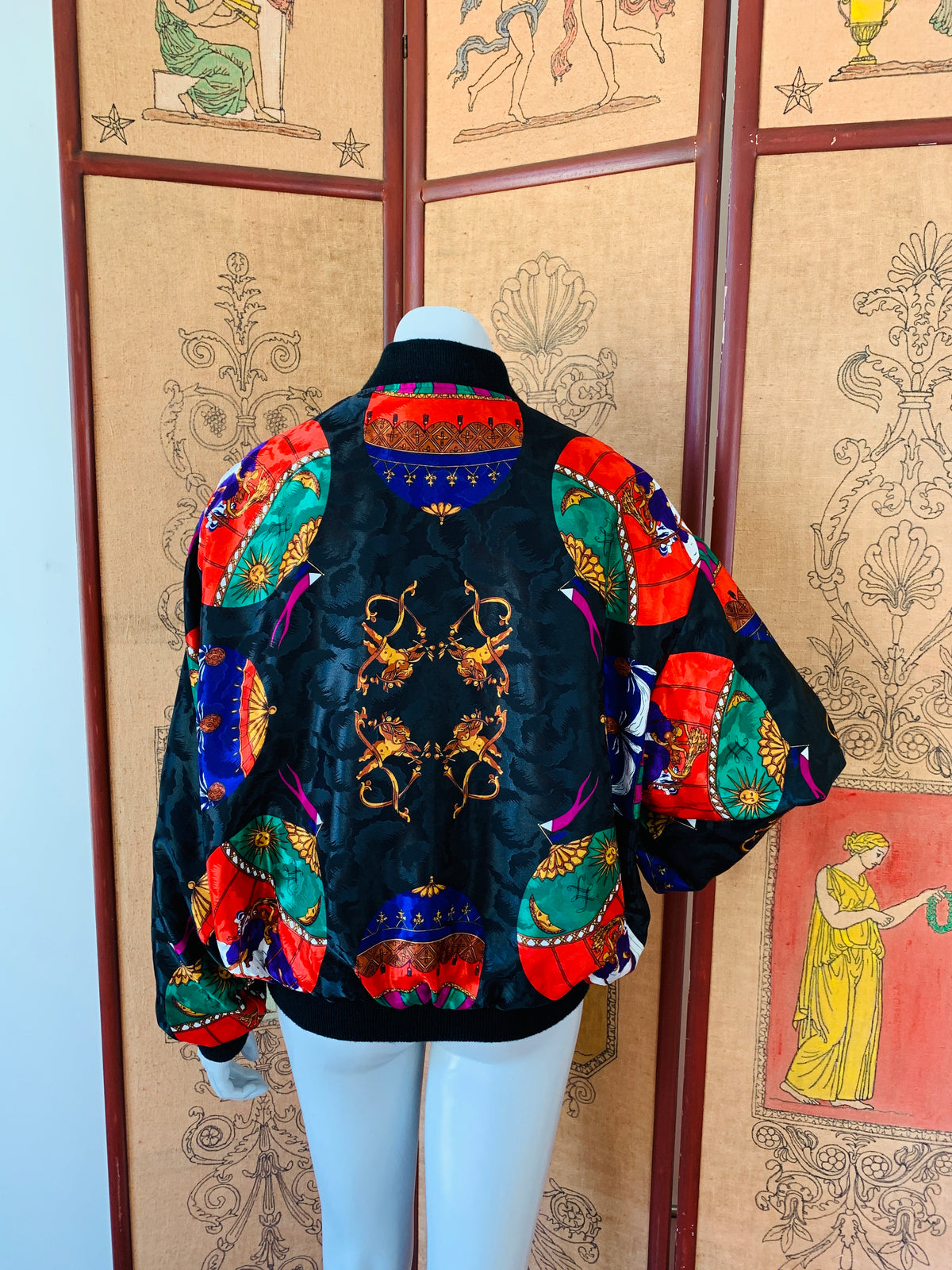 Hot Air Balloon Cherub Print 80s Jacket — vintage 1980s jacket in black, multicolour