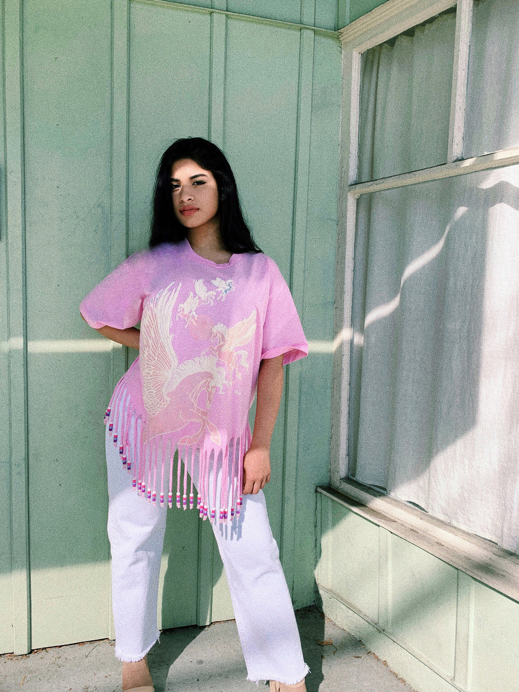 Pink Pegasus Glitter Beaded Fringe T-Shirt — vintage top in pink