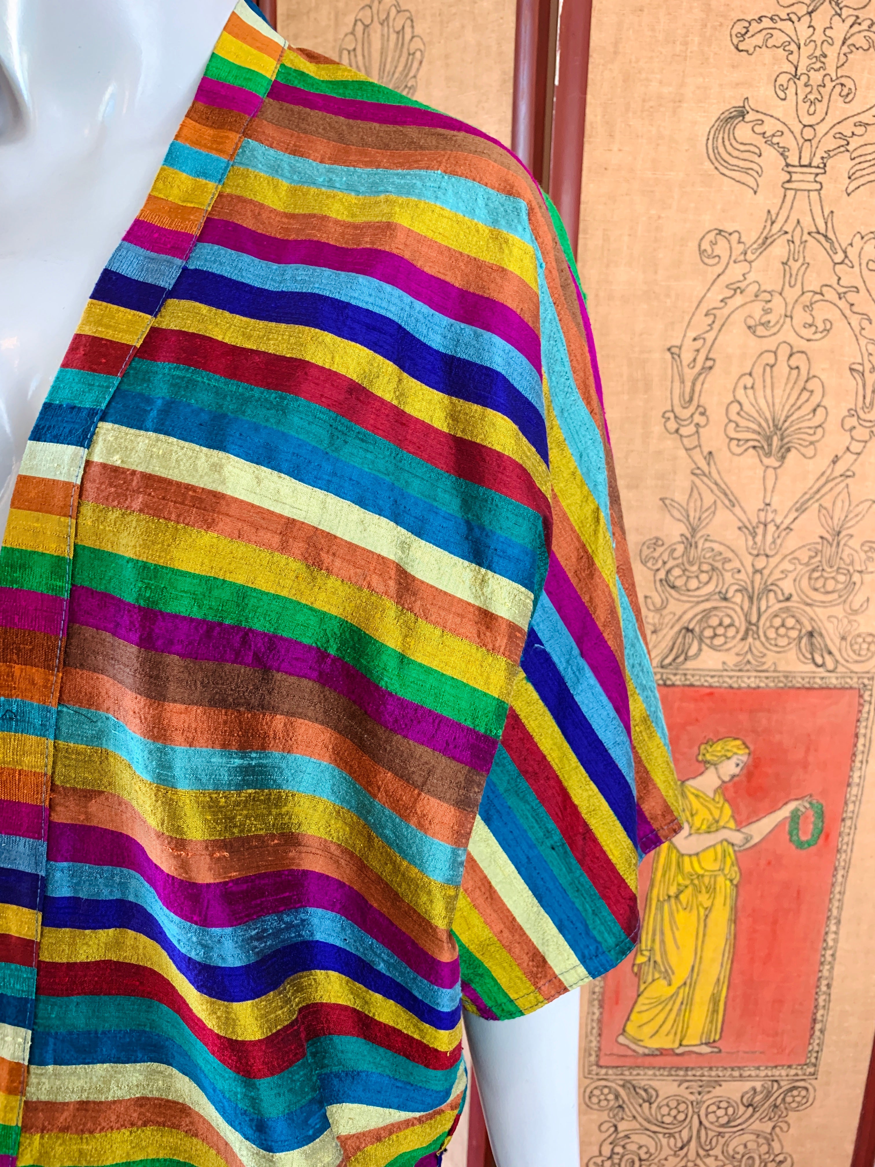 Silk Rainbow Striped Mini Kimono Duster — vintage 1990s Emily Wetherby jacket in multicolour