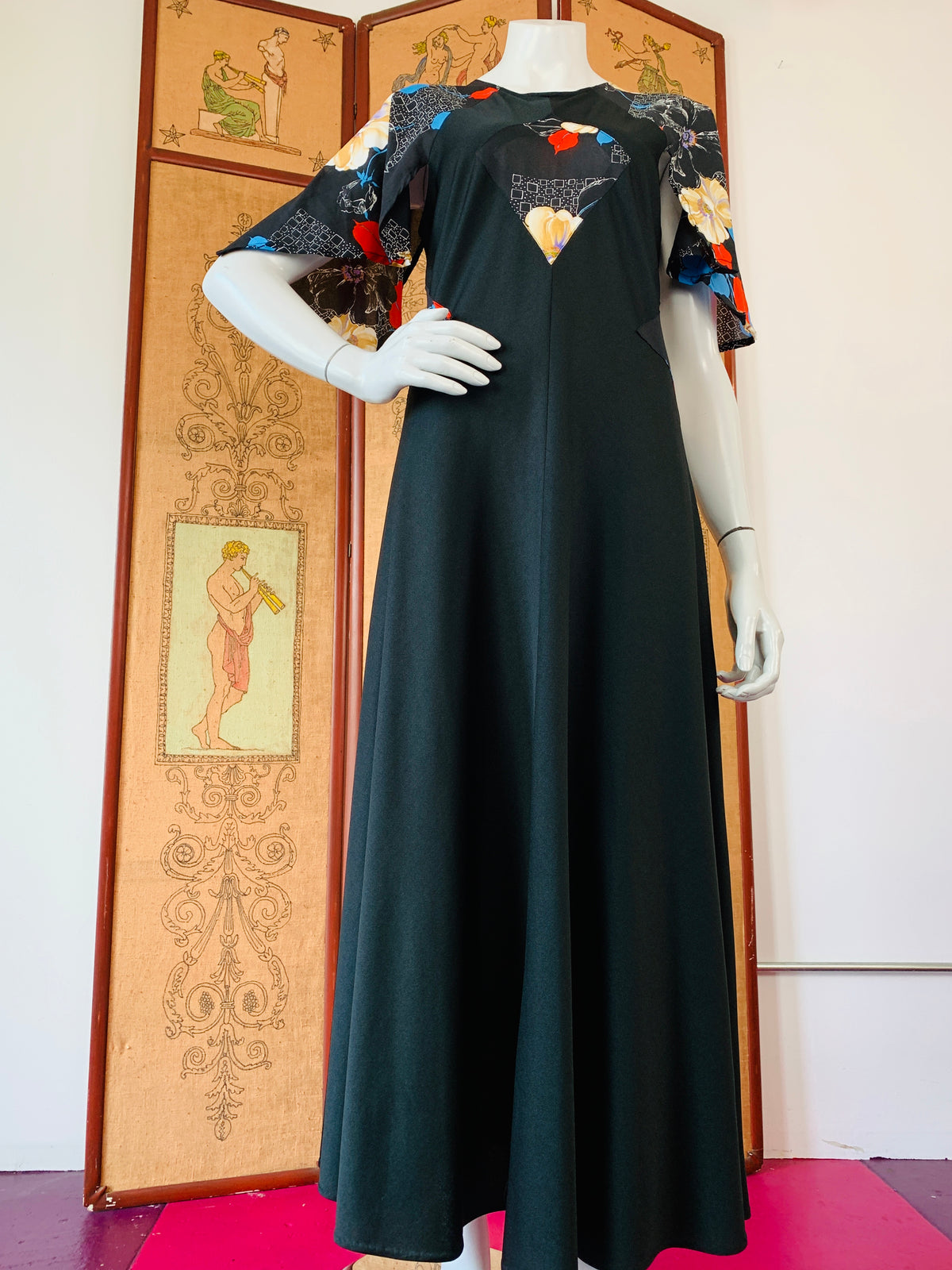 Black 1970s Semi-Sheer Paneled Angel Sleeve Maxi Dress — vintage 1970s dress in black