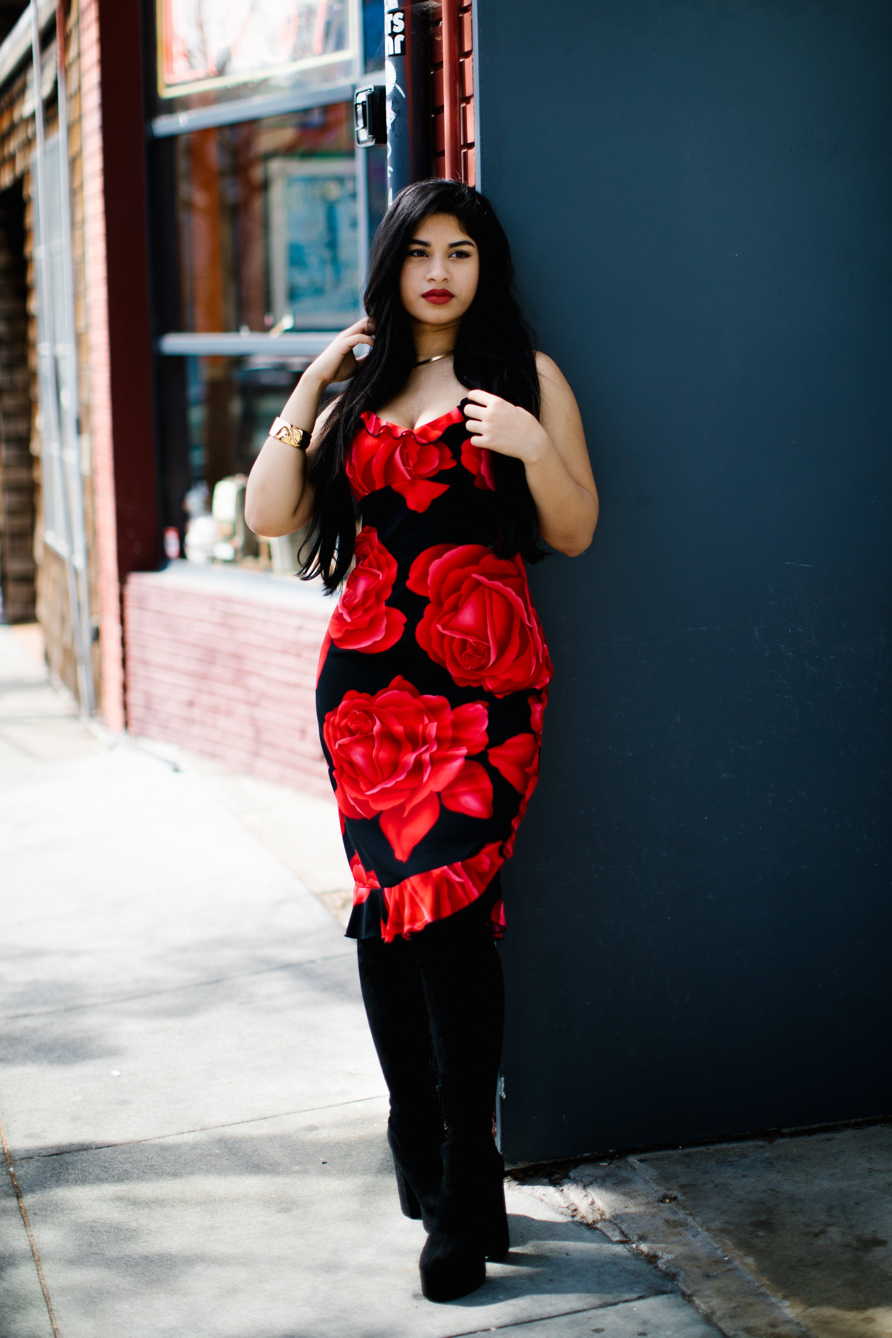 Black & Red Rose Print 90s Dress — vintage 1990s dress in black, red, pink