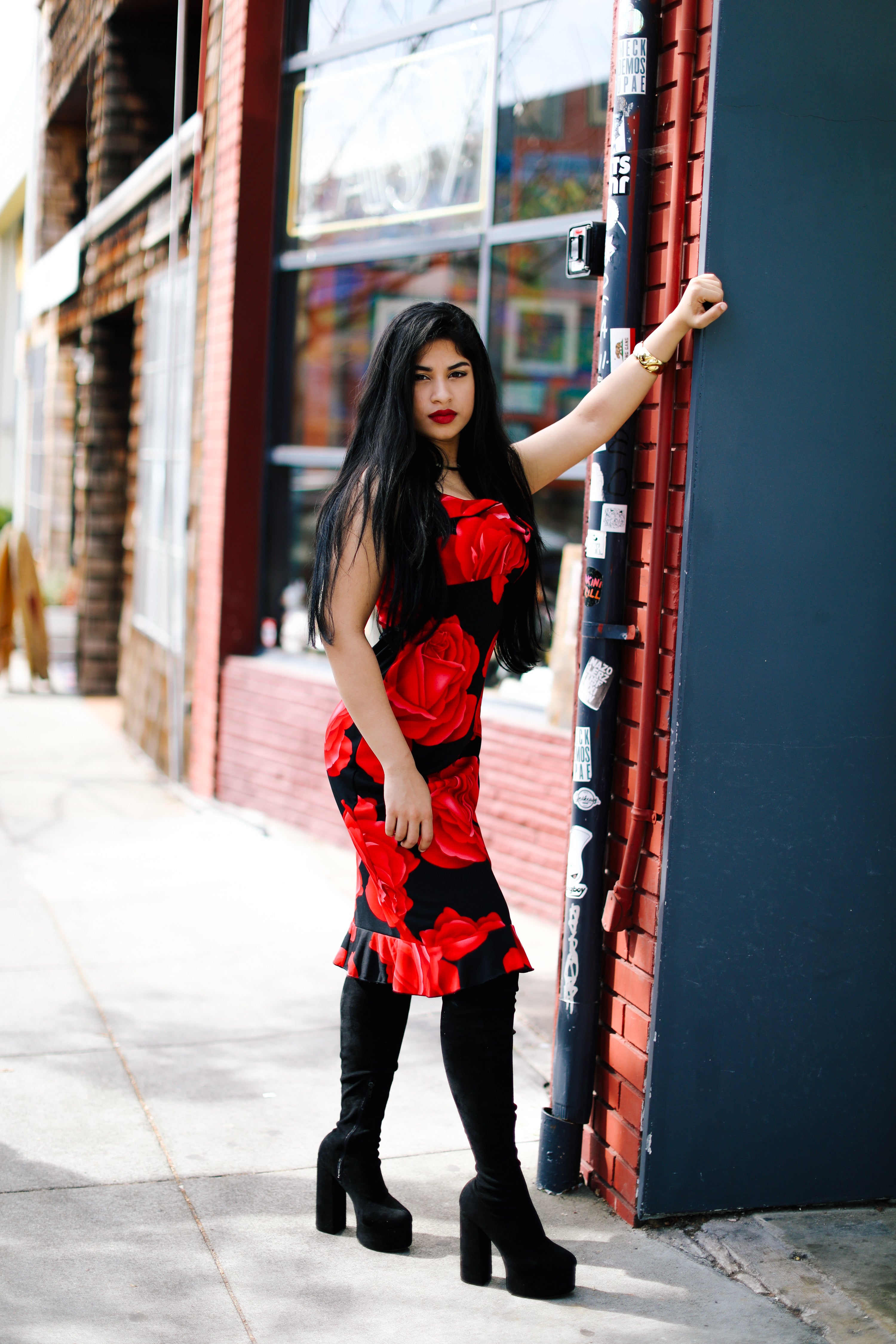 Black & Red Rose Print 90s Dress — vintage 1990s dress in black, red, pink