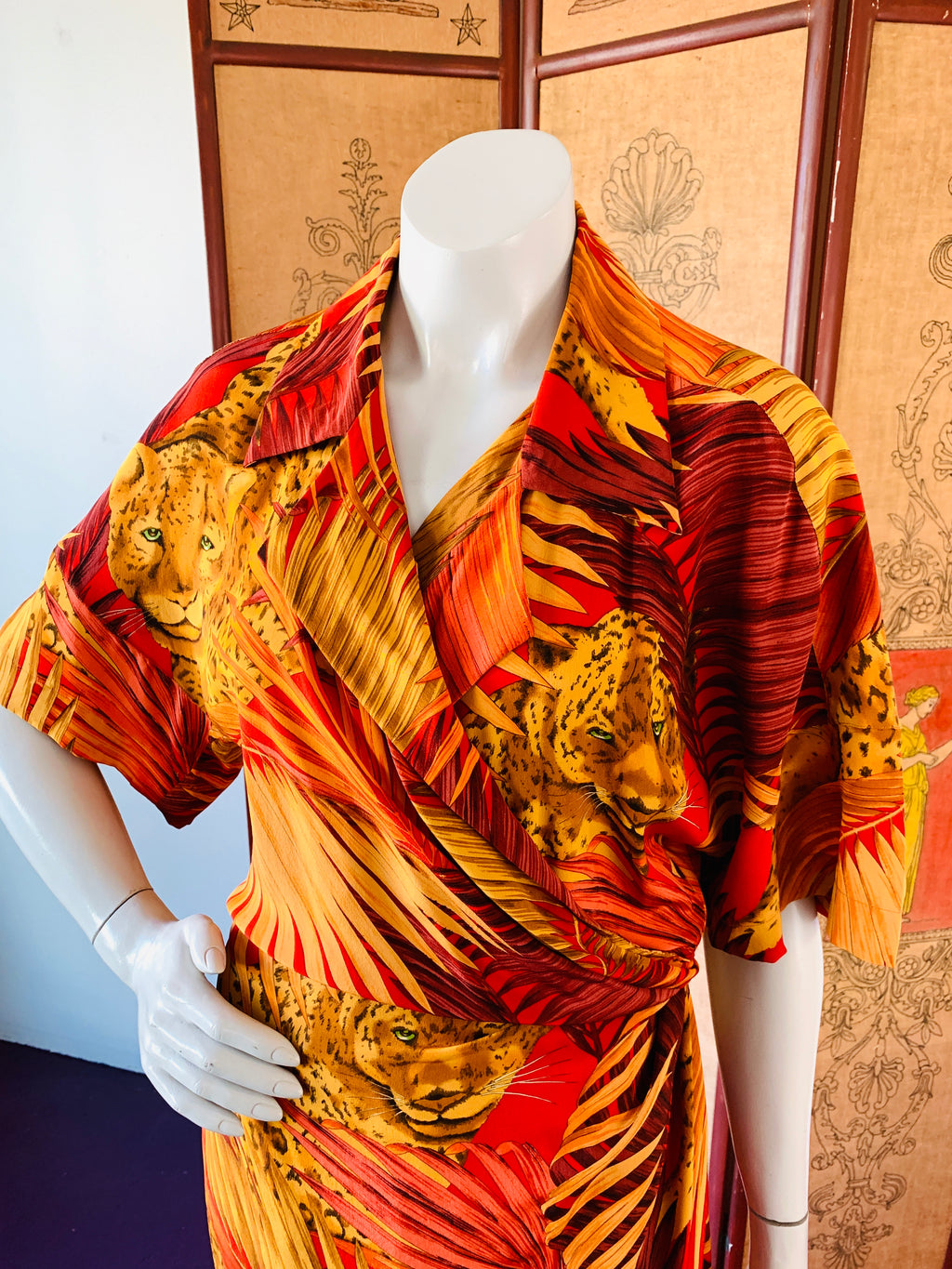 Silk Leopard Print Wrap Dress — vintage 1980s Linda Allard for Ellen Tracy dress in red, orange, brown