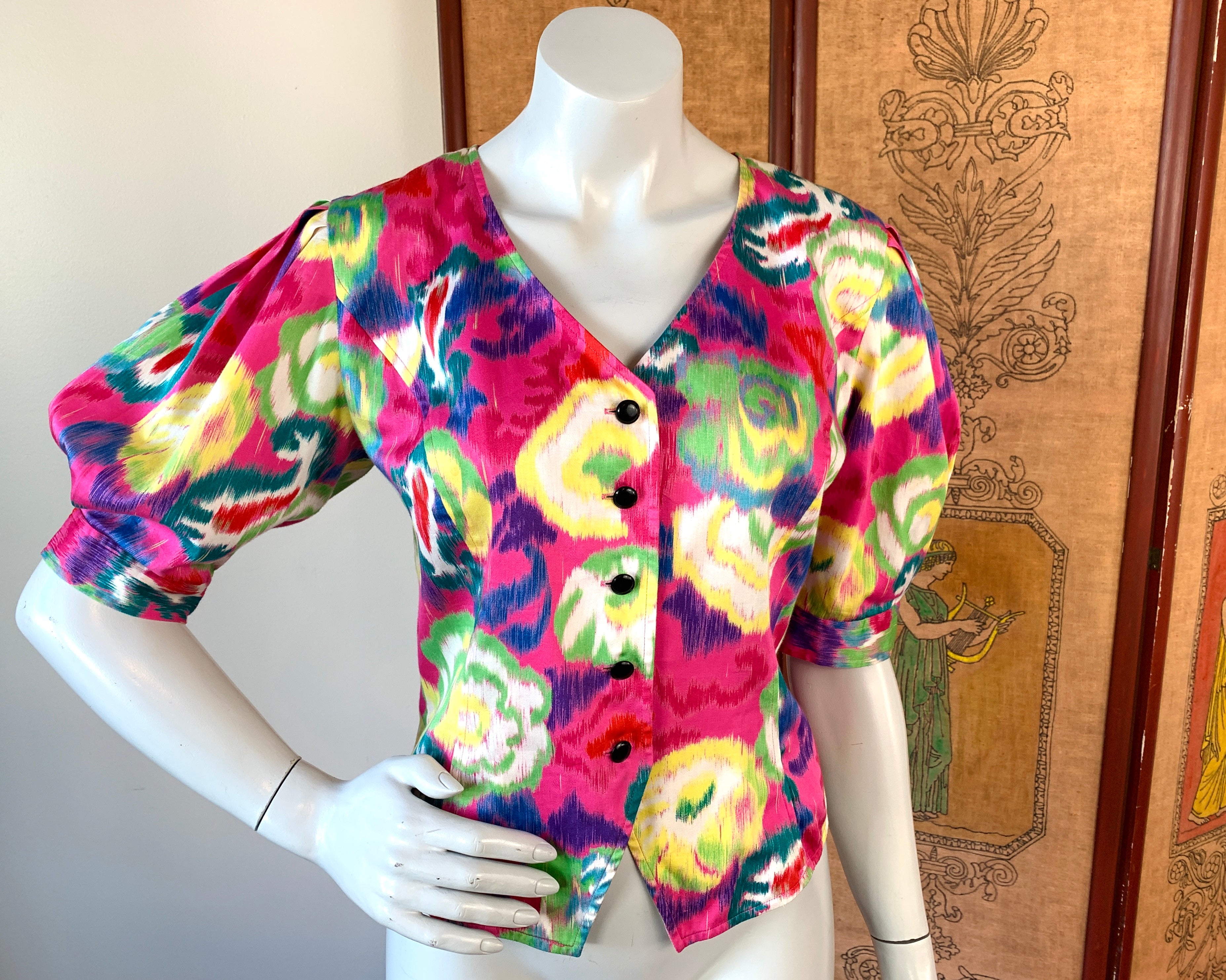 Ungaro Designer 90s Puff Sleeve Blouse — vintage 1990s Ungaro top in pink, multicolour