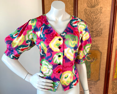 Ungaro Designer 90s Puff Sleeve Blouse — vintage 1990s Ungaro top in pink, multicolour