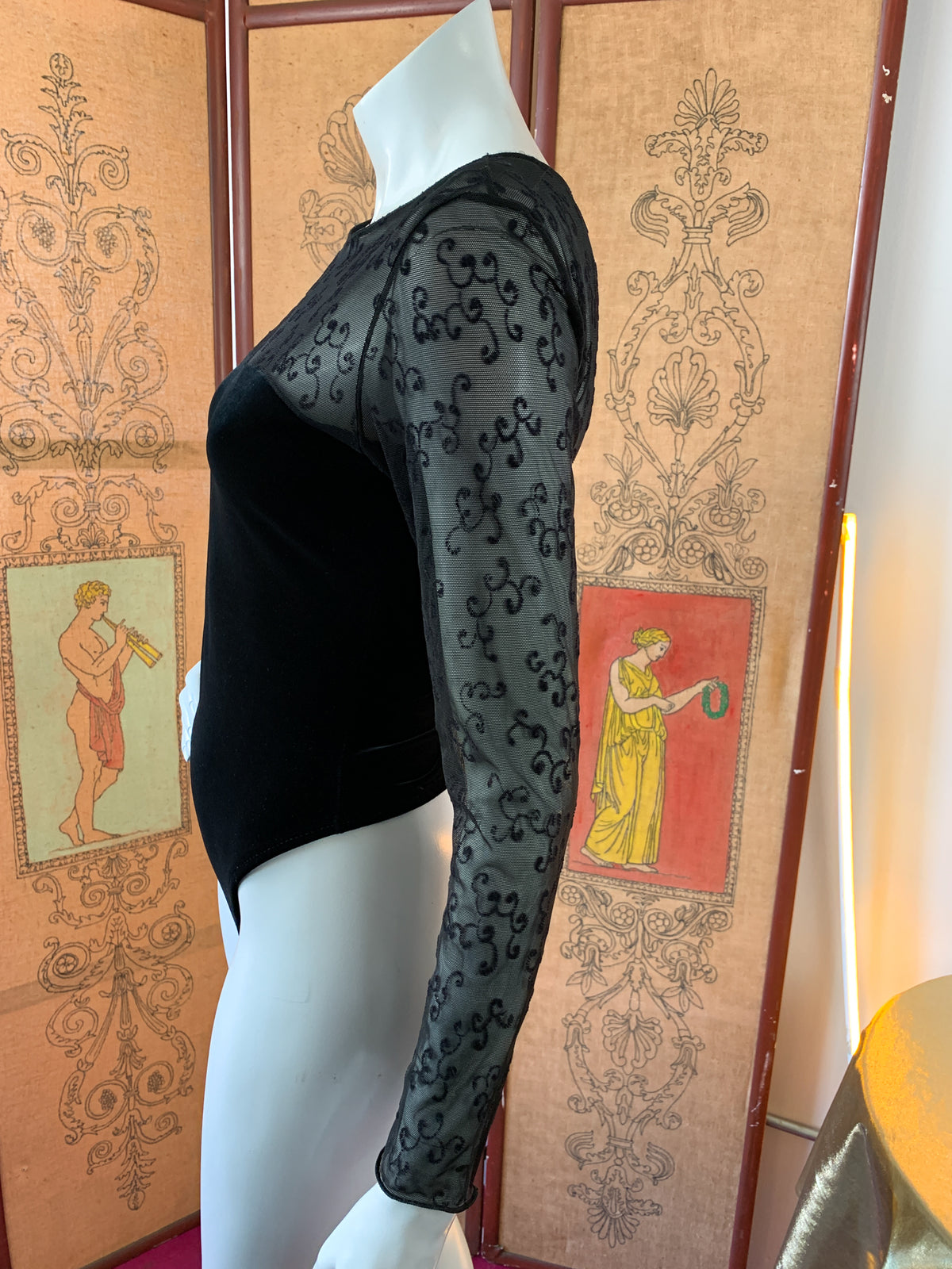 Black Velvet Mesh Thong Bodysuit — vintage 1990s top in black