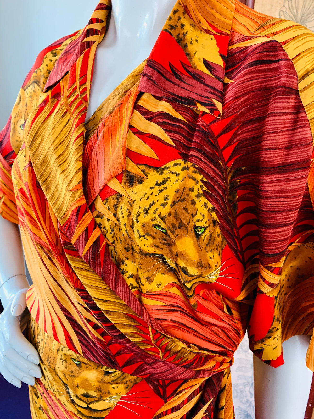 Silk Leopard Print Wrap Dress — vintage 1980s Linda Allard for Ellen Tracy dress in red, orange, brown