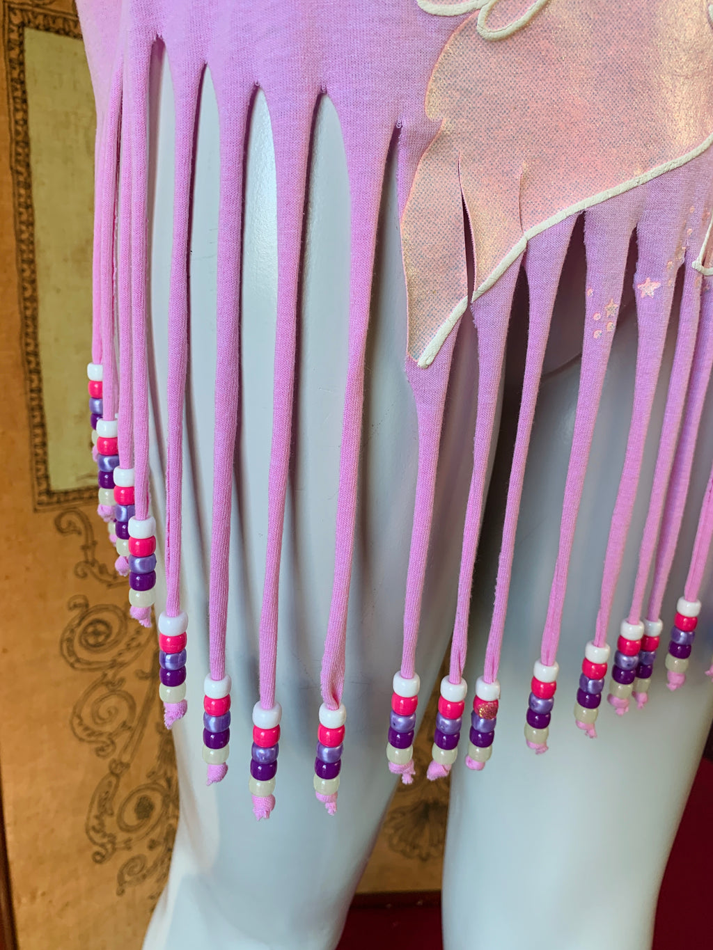 Pink Pegasus Glitter Beaded Fringe T-Shirt — vintage top in pink