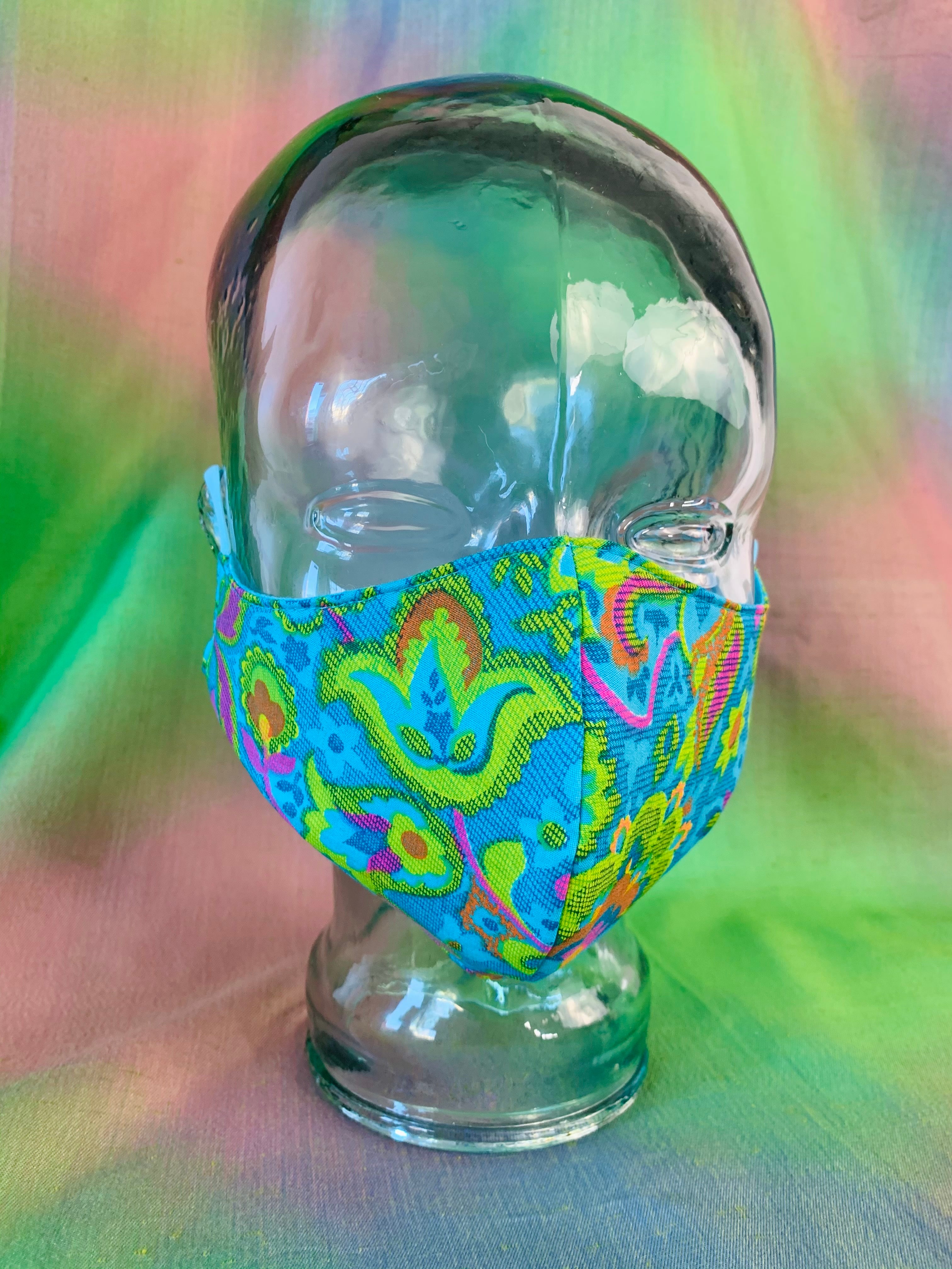 Psychedelic Blue Floral Handmade Mask — vintage 1960s accessory in blue, multicolour