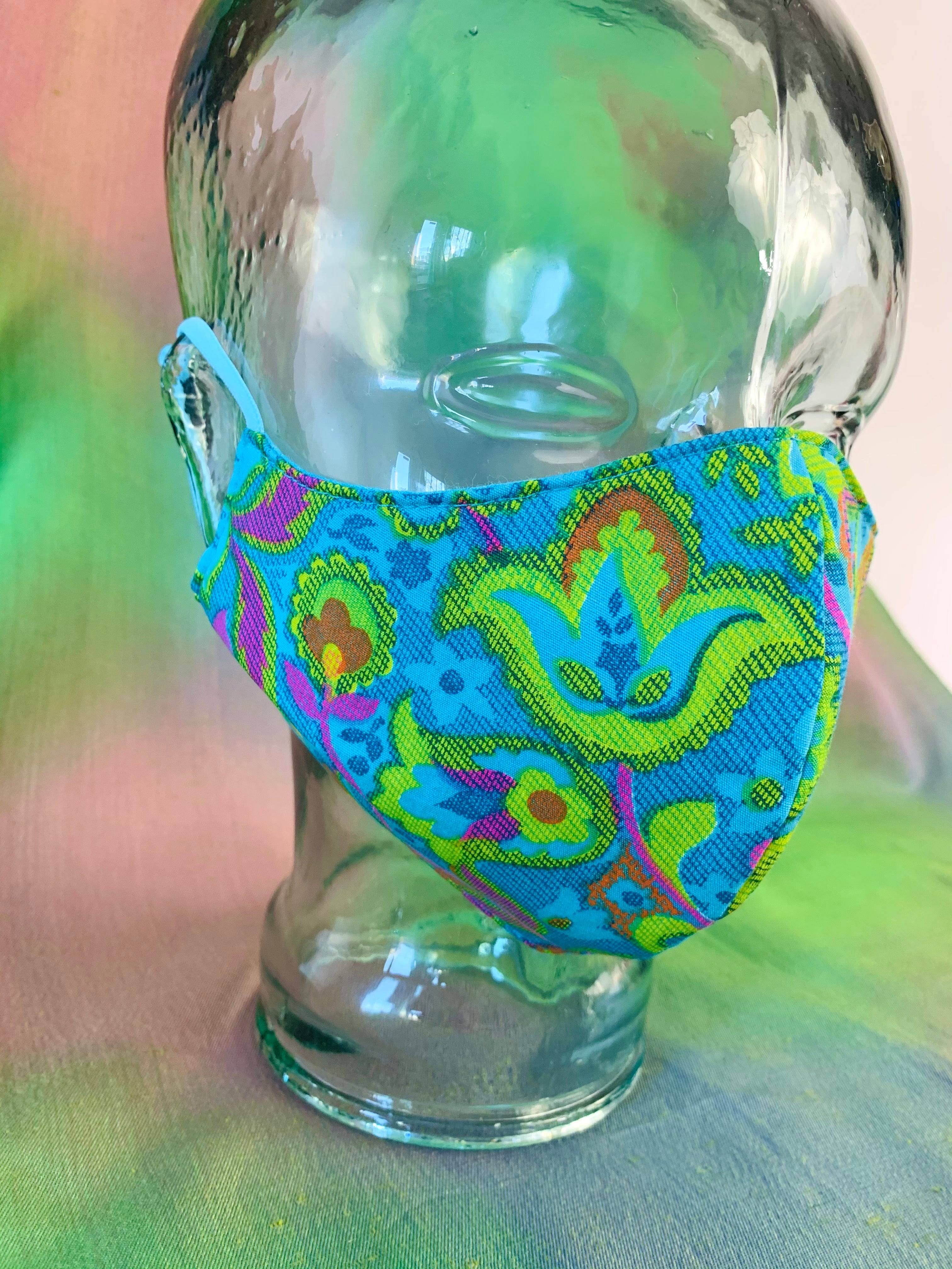 Psychedelic Blue Floral Handmade Mask — vintage 1960s accessory in blue, multicolour