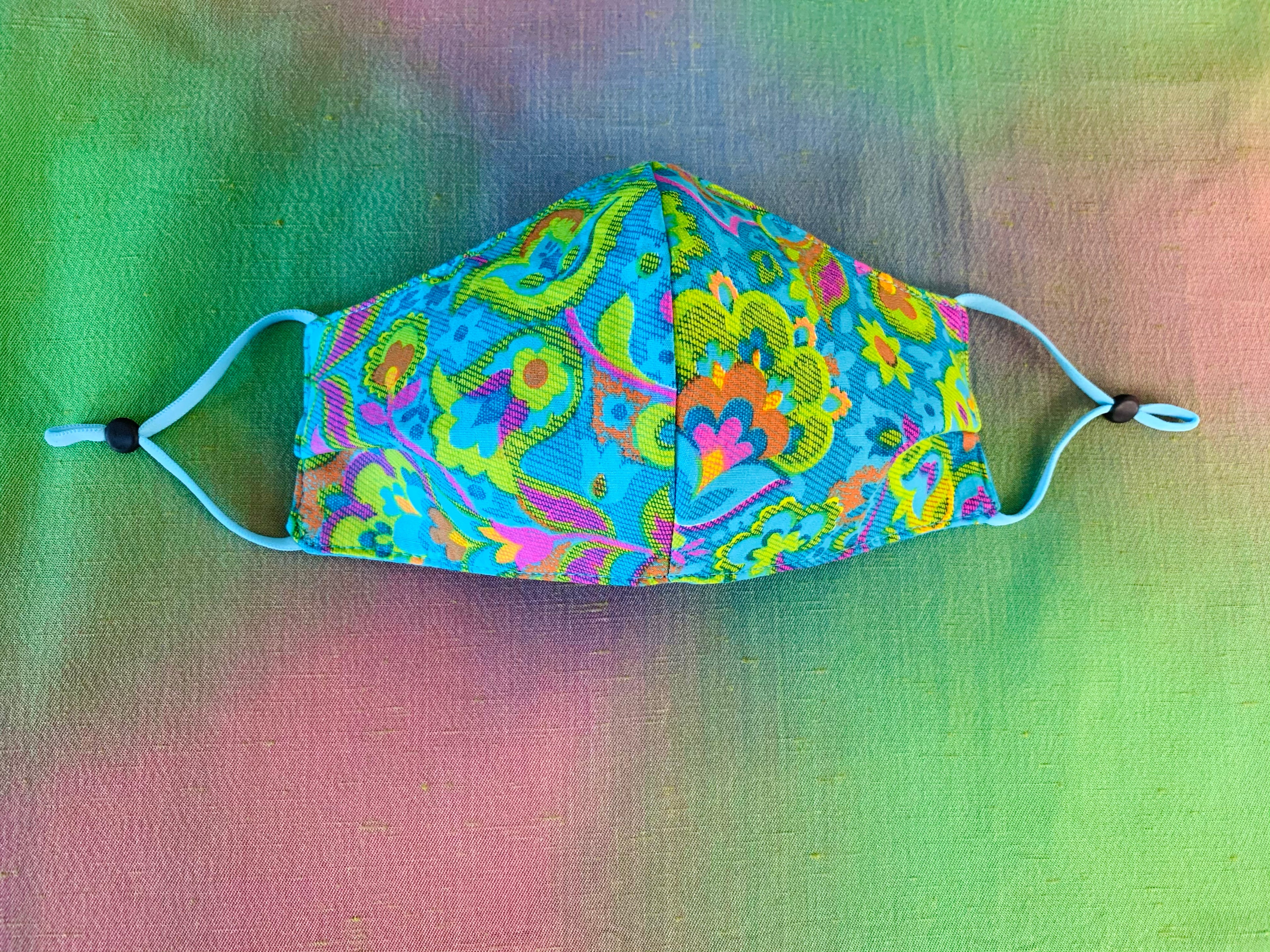 Psychedelic Blue Floral Handmade Mask — vintage 1960s accessory in blue, multicolour