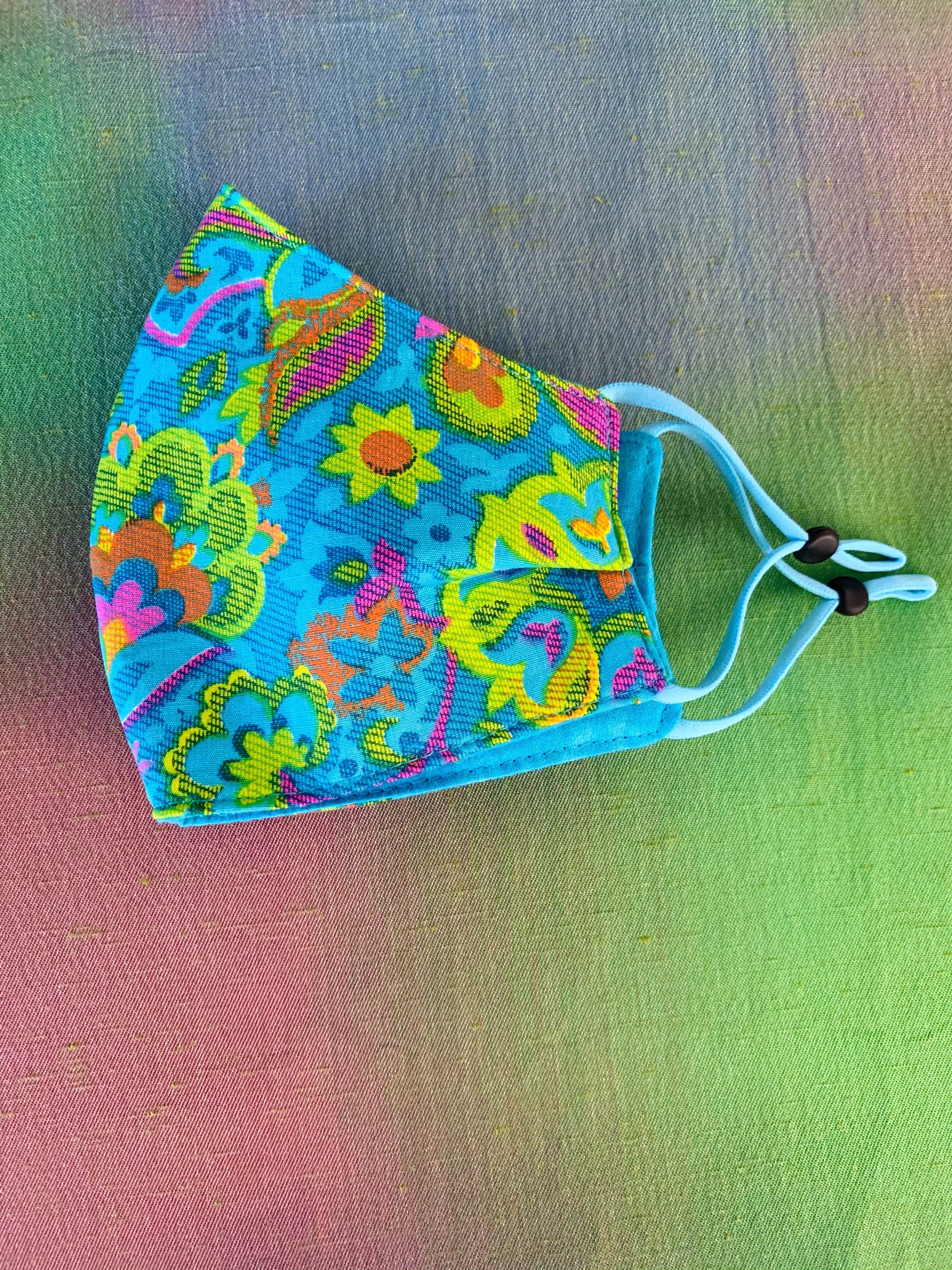 Psychedelic Blue Floral Handmade Mask — vintage 1960s accessory in blue, multicolour