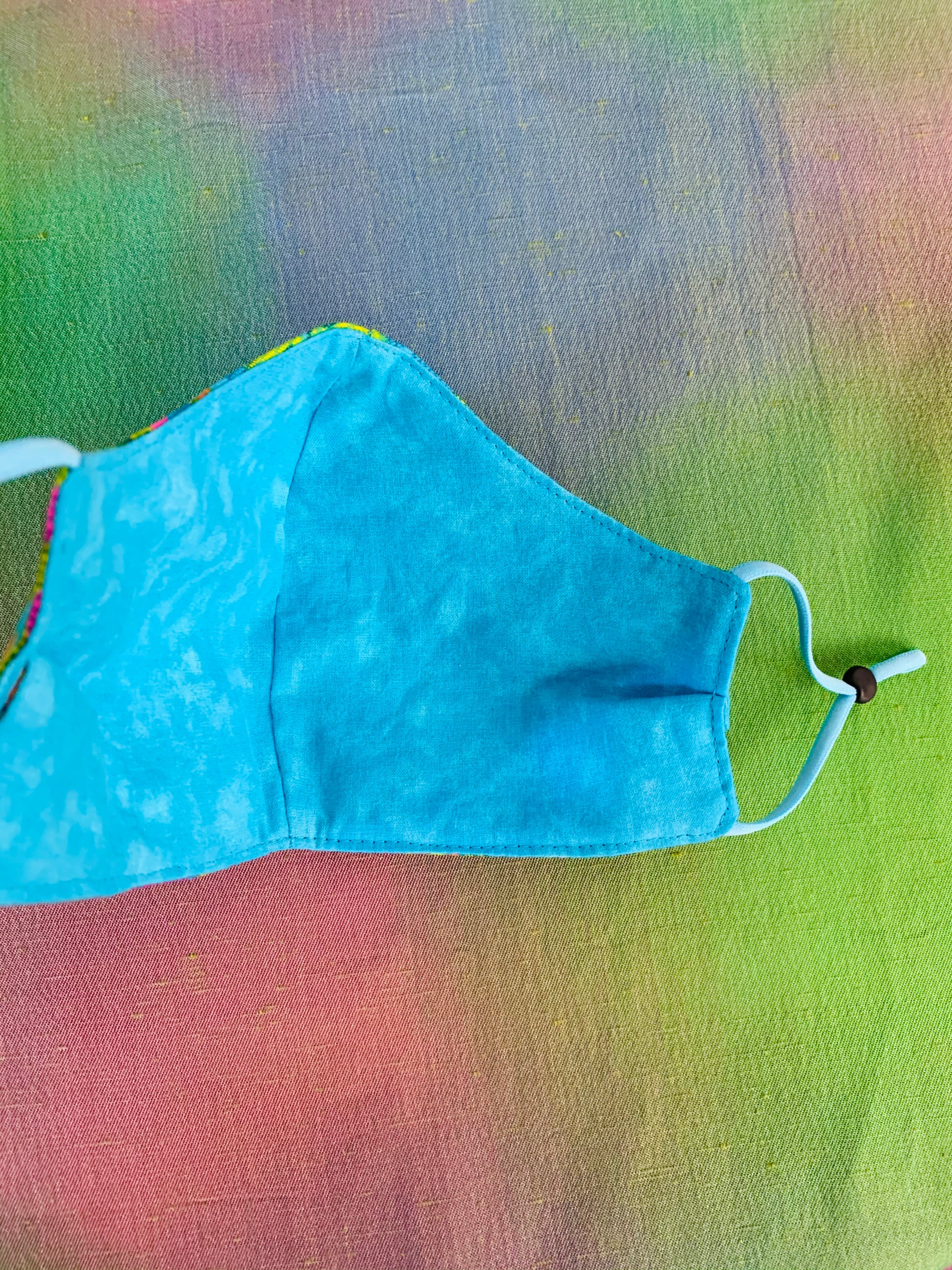 Psychedelic Blue Floral Handmade Mask — vintage 1960s accessory in blue, multicolour