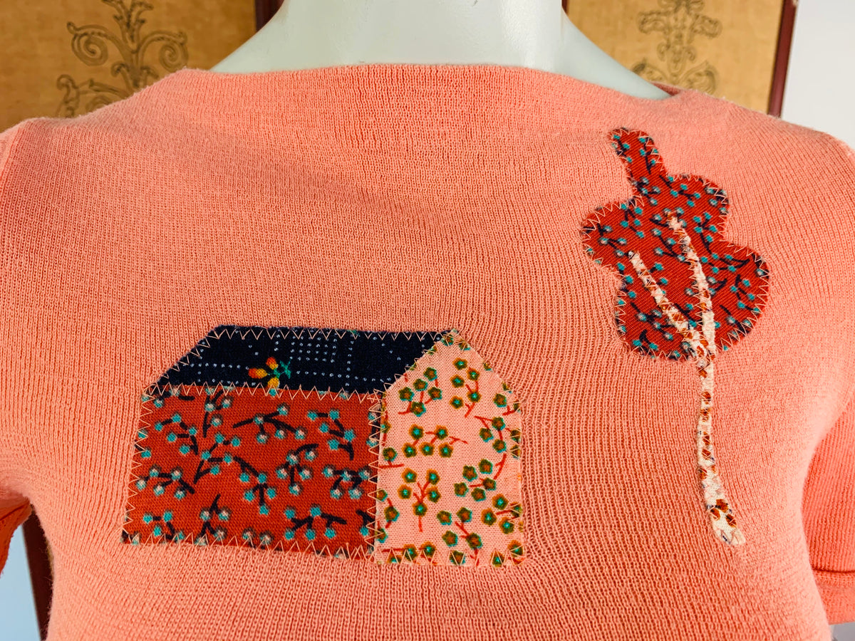 Peach 70s Folksy Knit T-Shirt — vintage 1970s top in orange