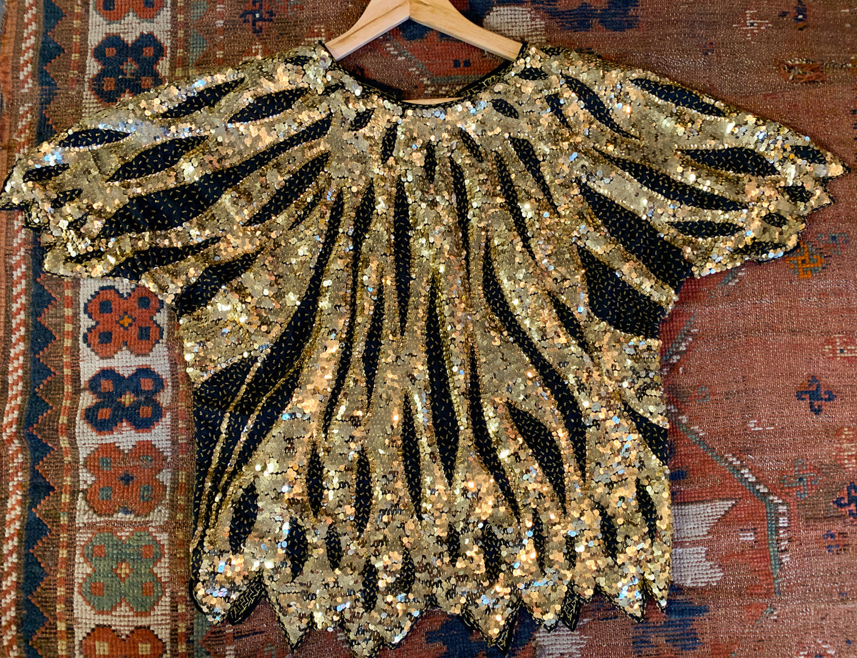 Gold Sequin & Beaded Semi Sheer Fairy Hem Top — vintage 1980s top in gold