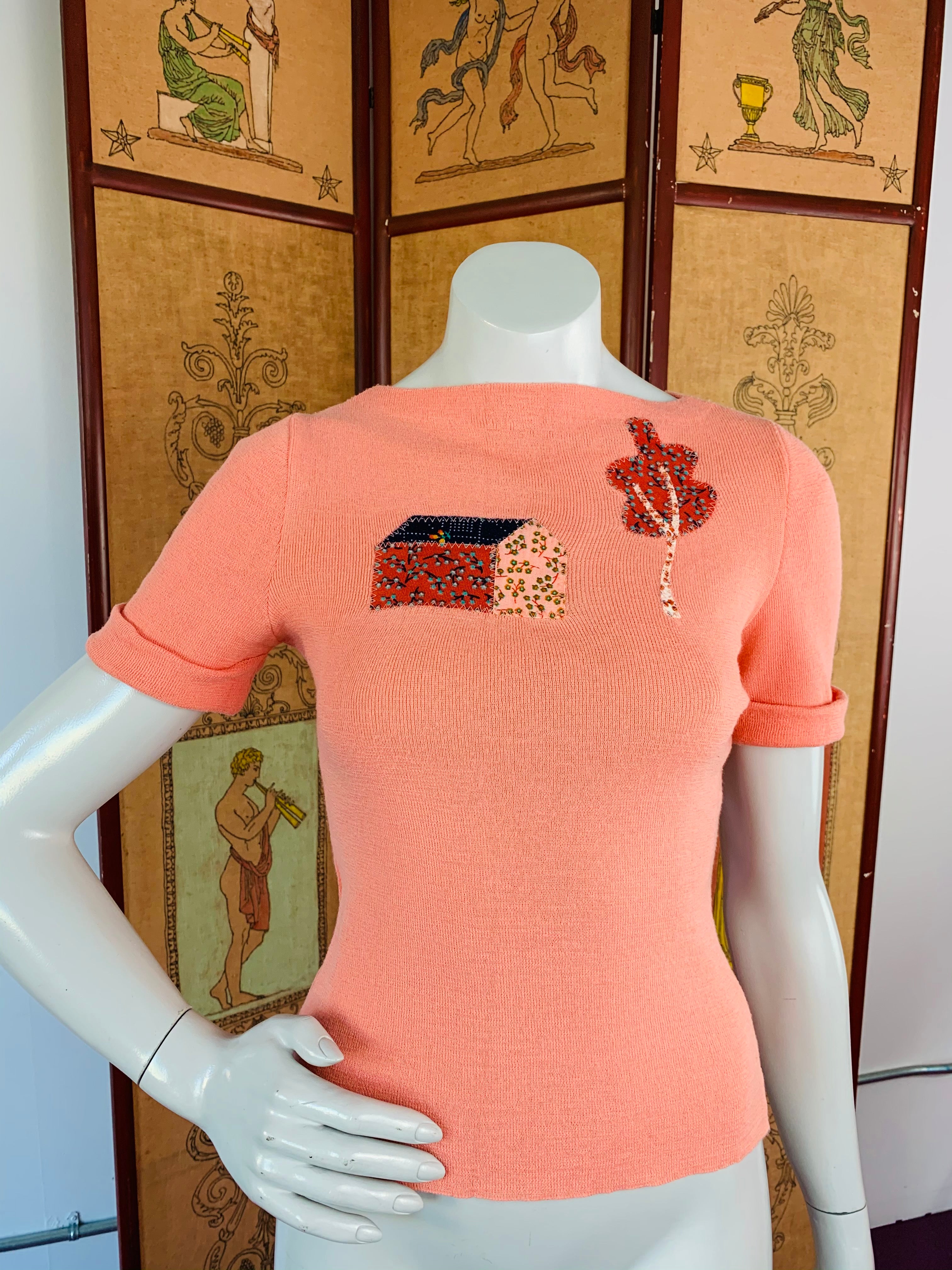 Peach 70s Folksy Knit T-Shirt — vintage 1970s top in orange