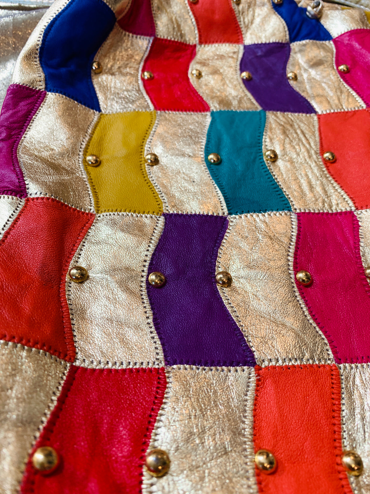 Gold Leather Studded Rainbow Patchwork Purse — vintage 1980s Avanté bag in gold, multicolour