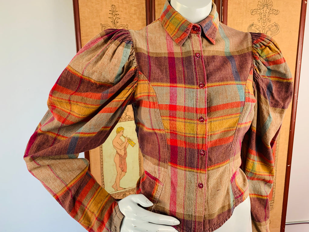 Indian Cotton Puff Sleeve Button Up Plaid Blouse — vintage top