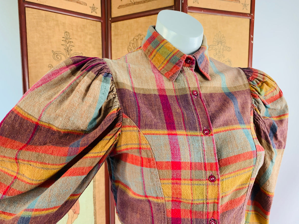 Indian Cotton Puff Sleeve Button Up Plaid Blouse — vintage top