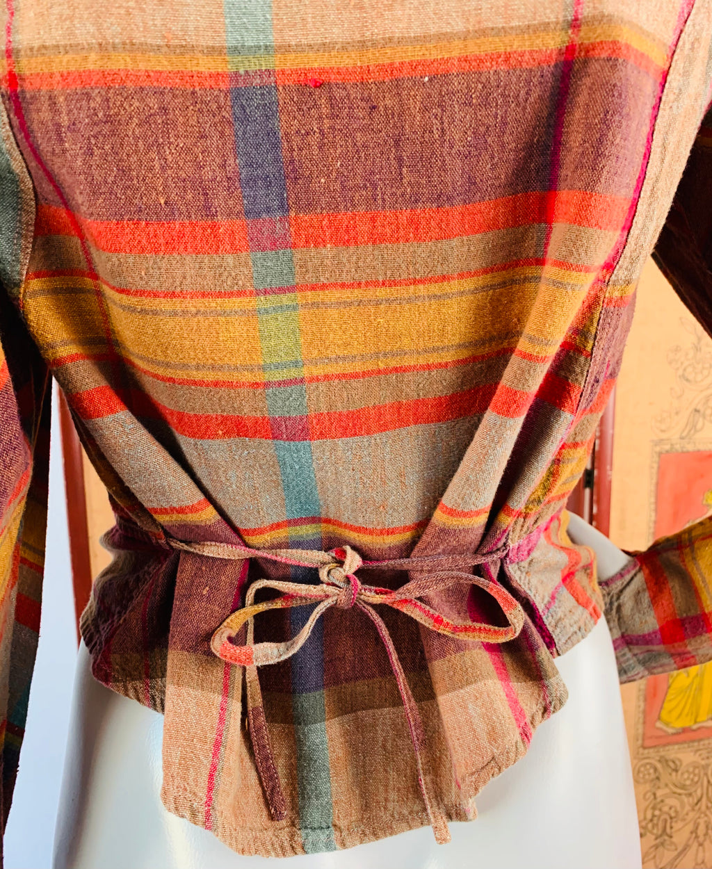 Indian Cotton Puff Sleeve Button Up Plaid Blouse — vintage top