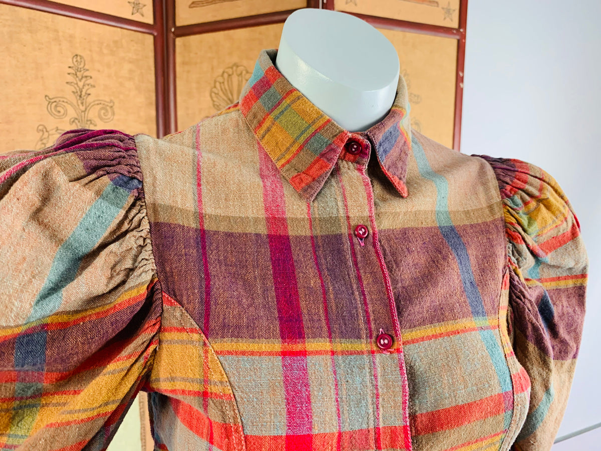 Indian Cotton Puff Sleeve Button Up Plaid Blouse — vintage top
