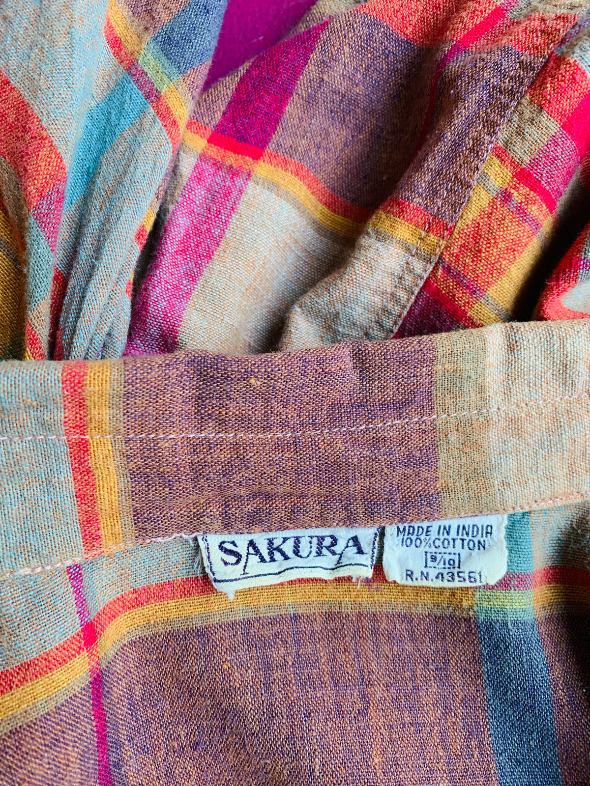 Indian Cotton Puff Sleeve Button Up Plaid Blouse — vintage top