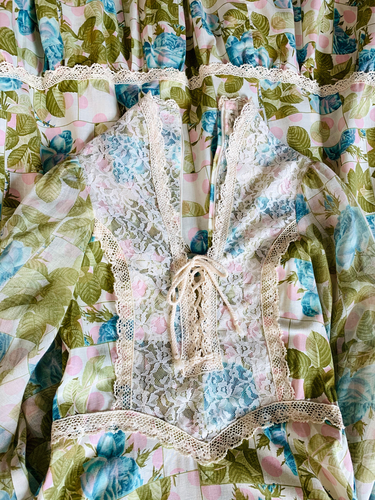 Pastel Rose Print Poet Sleeve 70s Lace Detailed Renaissance Maxi Dress — vintage 1970s dress in pink