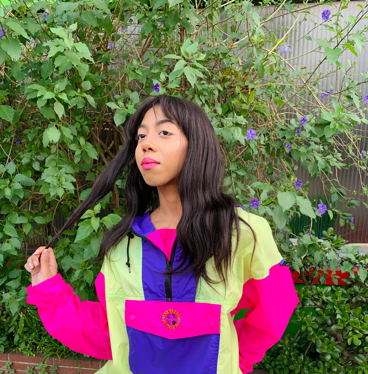 Colorblock Neon 90s Pullover Hooded Windbreaker — vintage 1990s knit in pink, green, purple