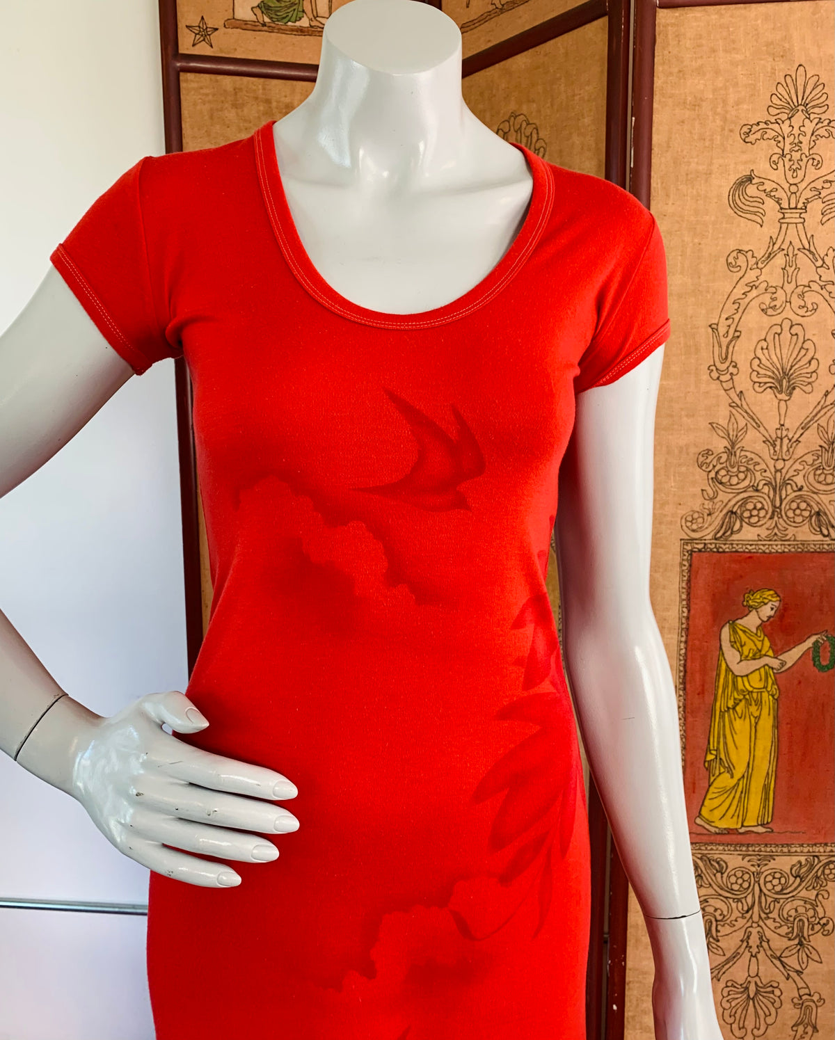 Red T-Shirt Maxi Dress with Bird Landscape Print — vintage Shalom dress in red