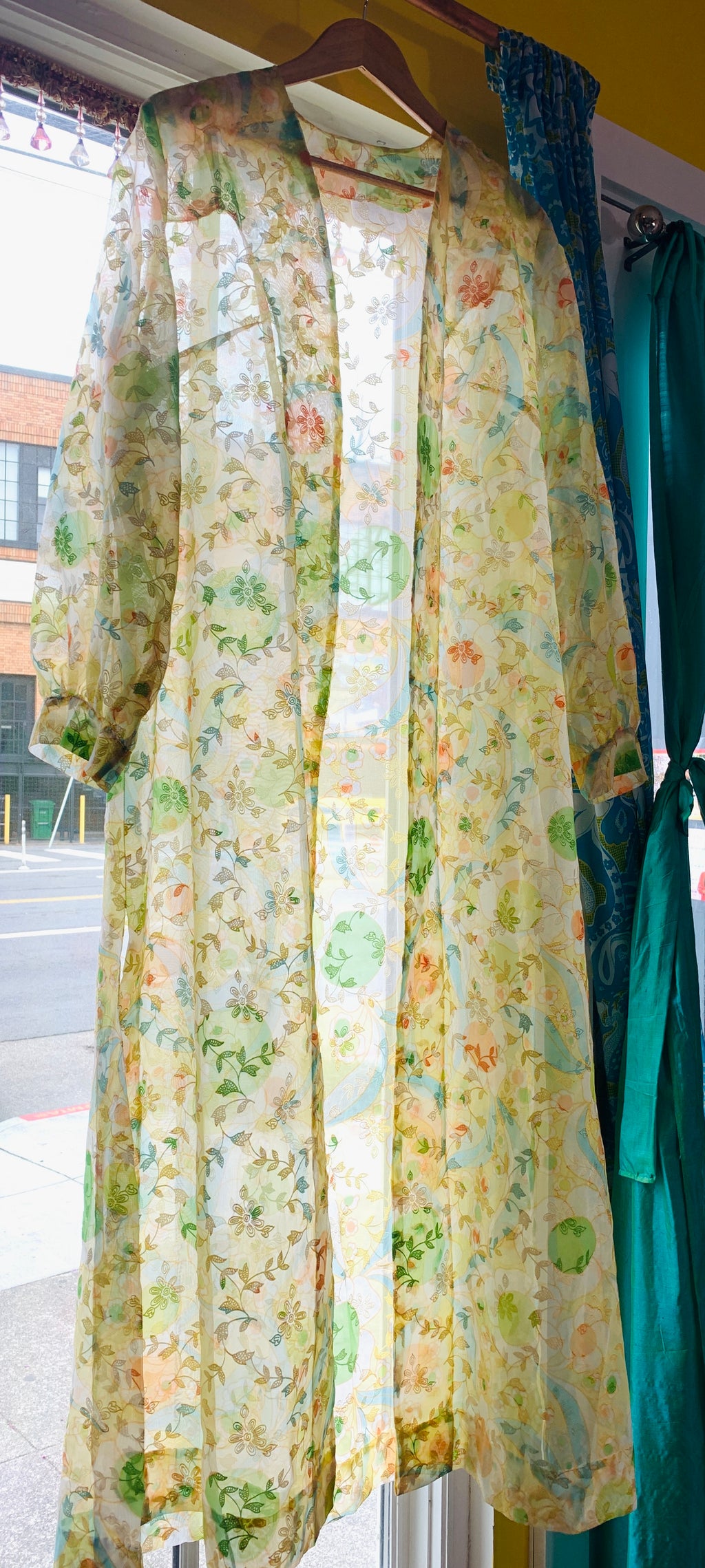 Psychedelic Sheer Flocked 1970s Duster — vintage 1970s caftan in multicolour