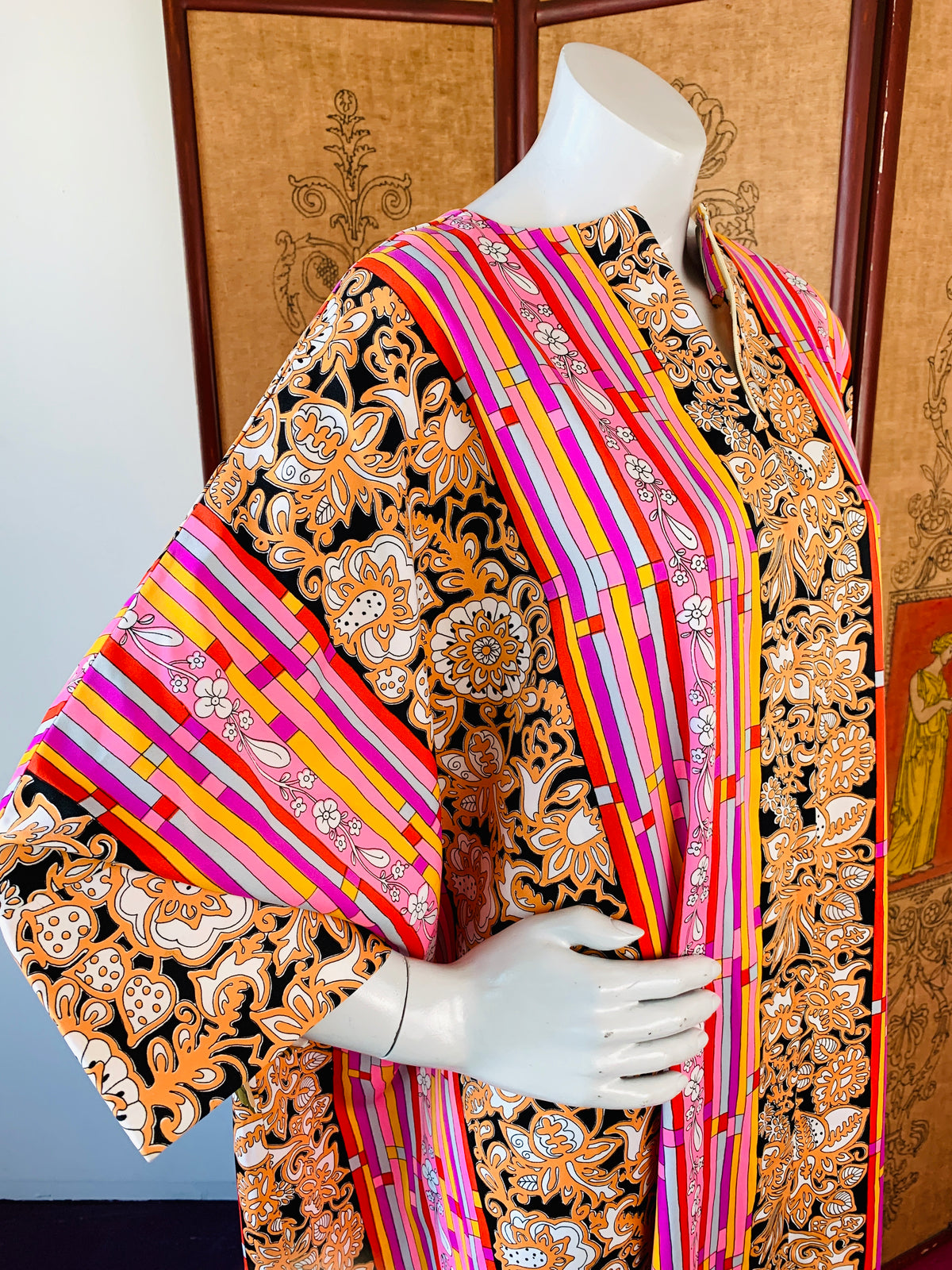 Pink Floral & Striped Deadstock 1970s Caftan — vintage 1970s caftan in pink